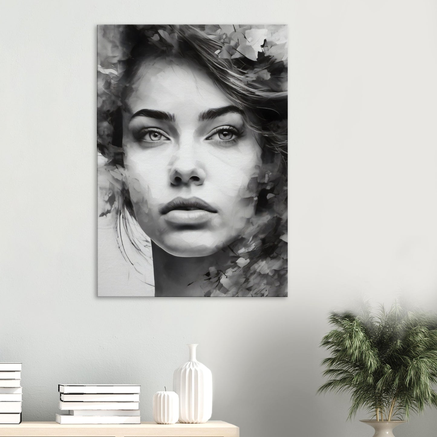 Tableau de femme pensive en noir et blanc dans le salon