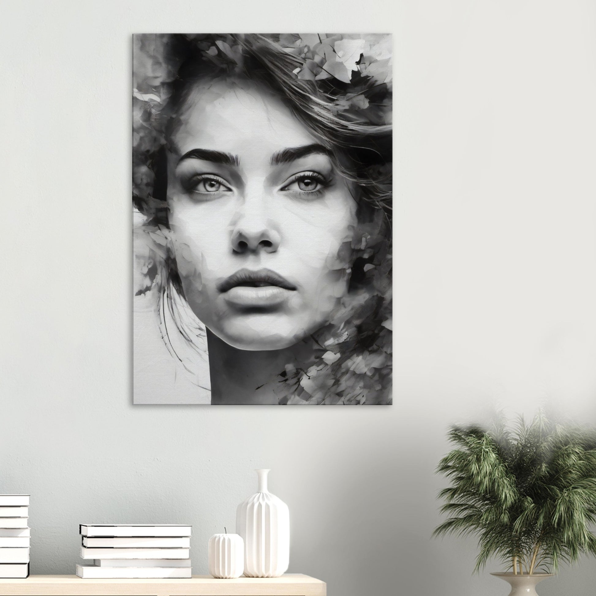 Tableau de femme pensive en noir et blanc dans le salon