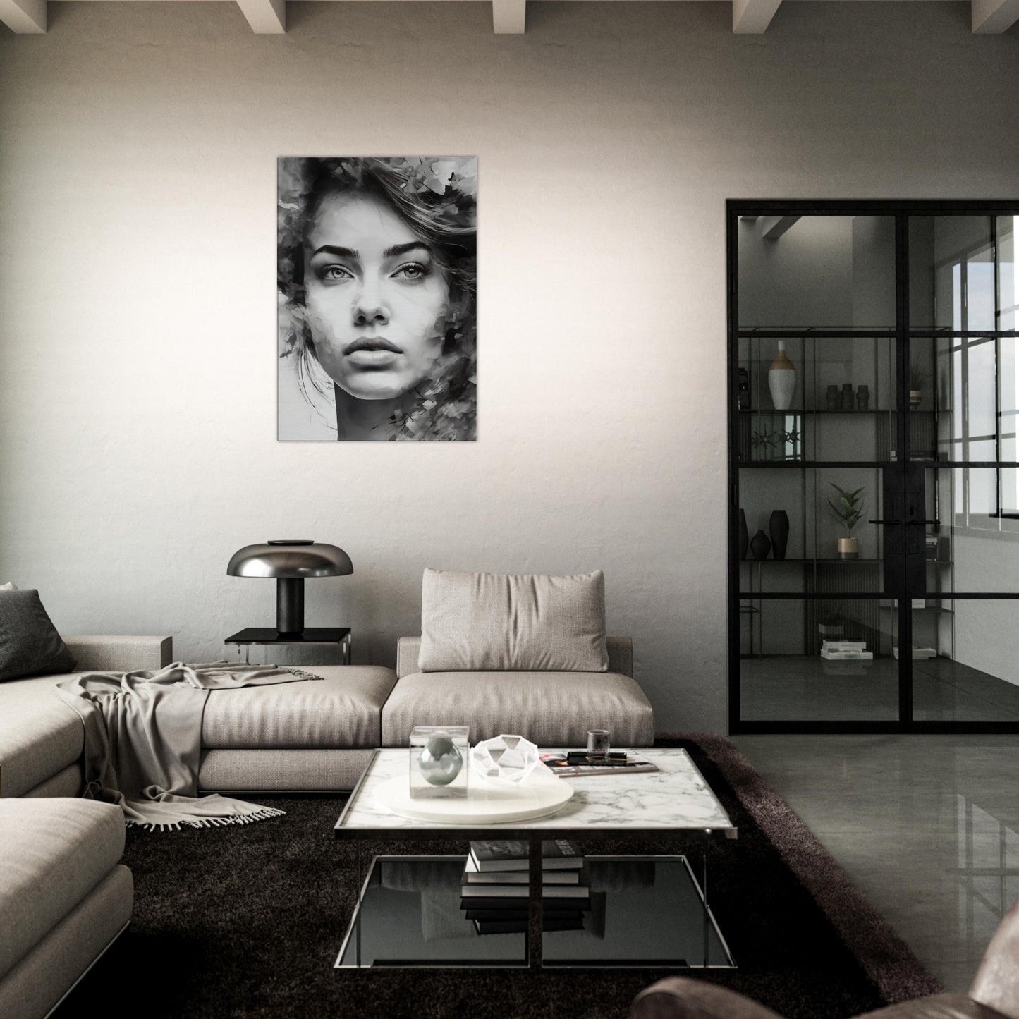 Tableau de femme pensive en noir et blanc dans le salon