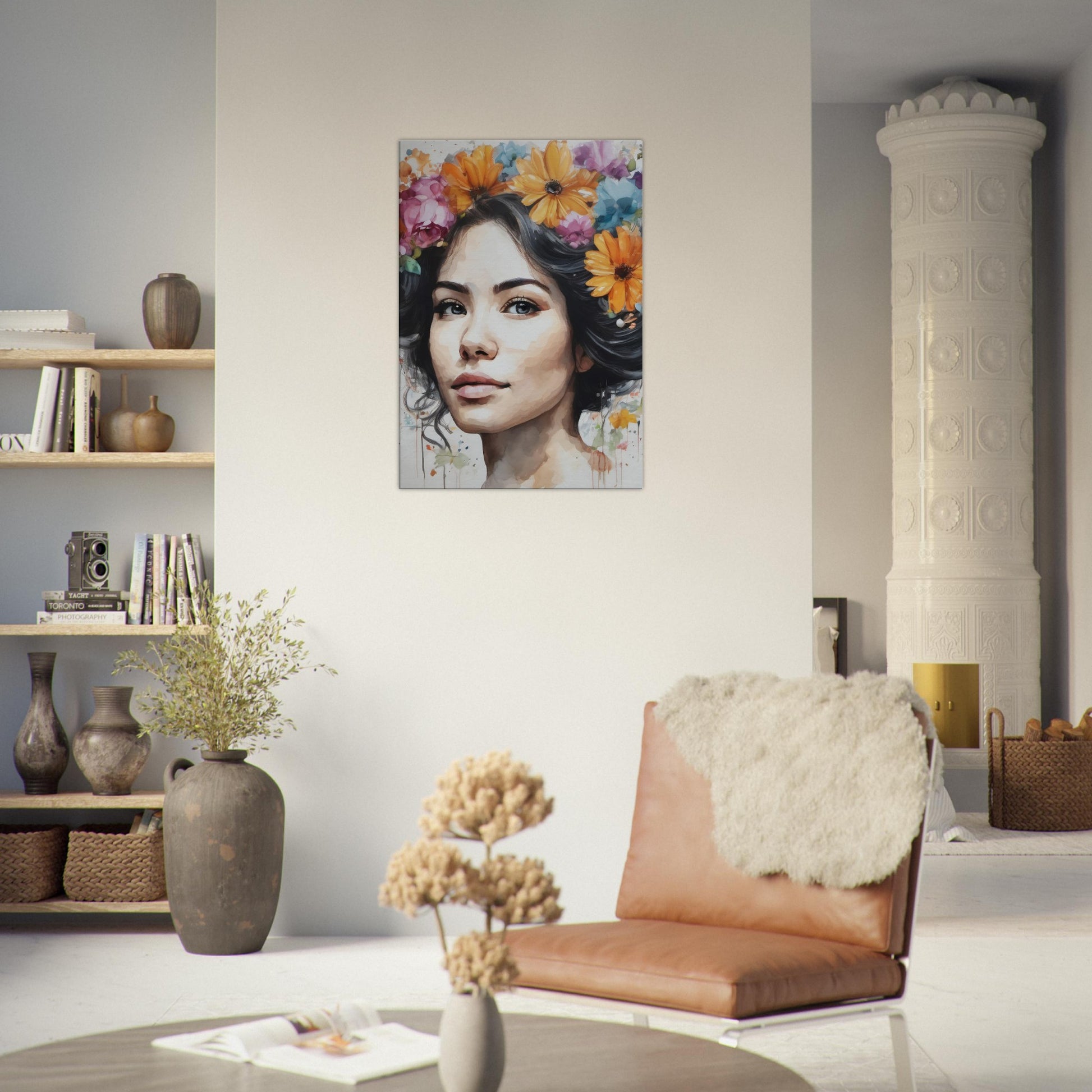 tableau femme fleurs dans les cheveux pour le salon