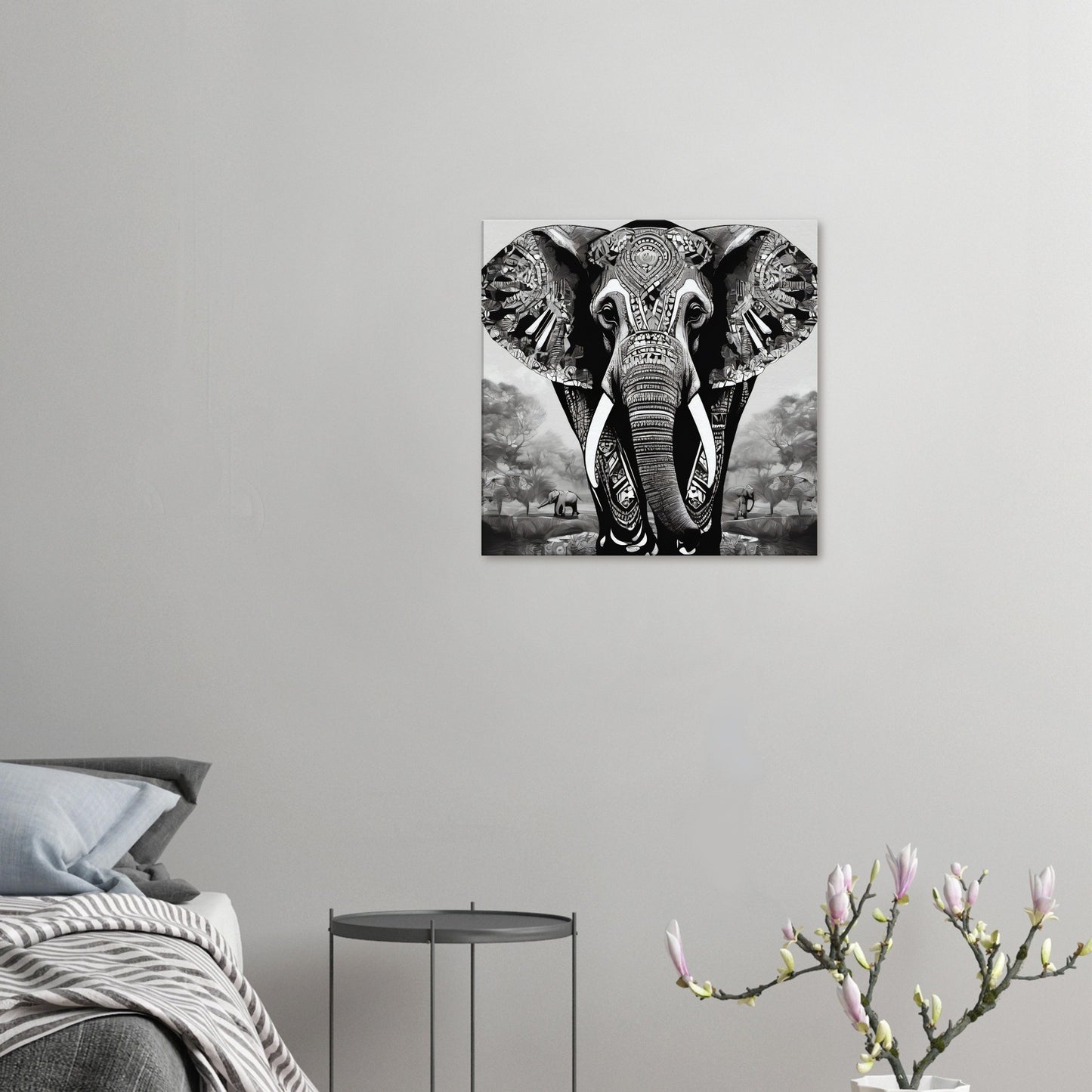 tableau elephant noir et blanc salon