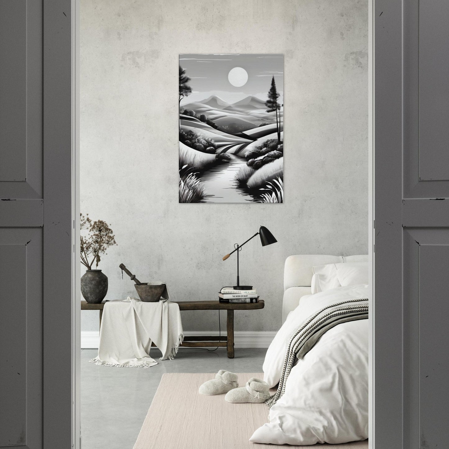 tableau de paysage en noir et blanc dans la chambre
