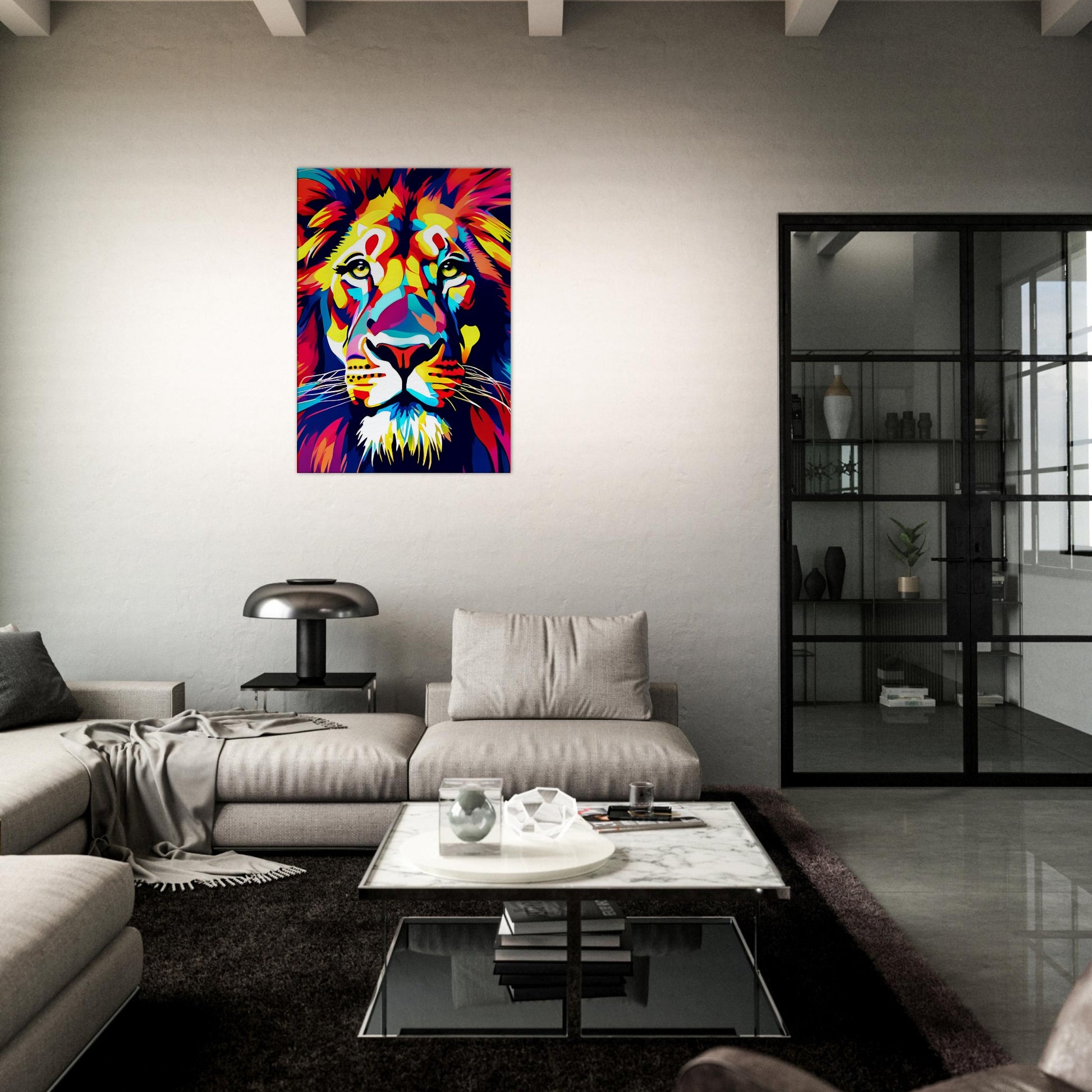 tableau lion pop art dans le salon