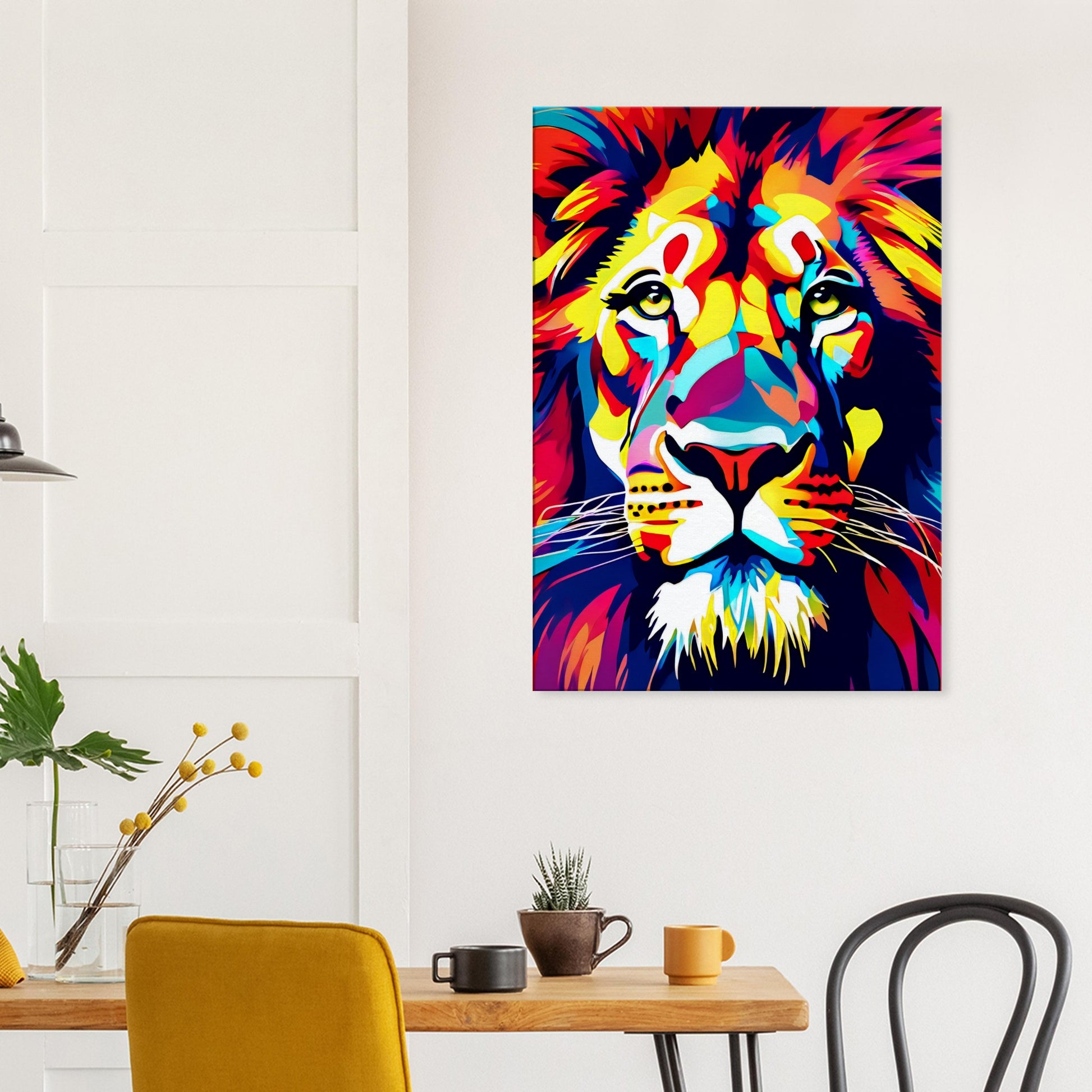 tableau lion pop art dans la salle a manger