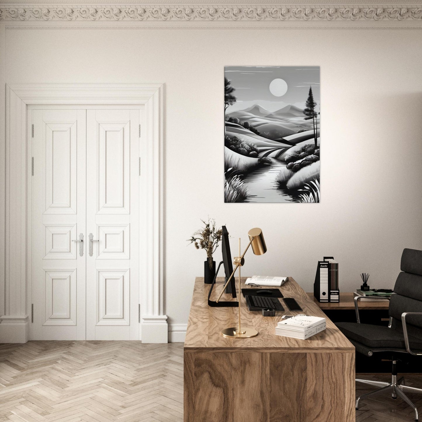 tableau de paysage en noir et blanc dans le bureau