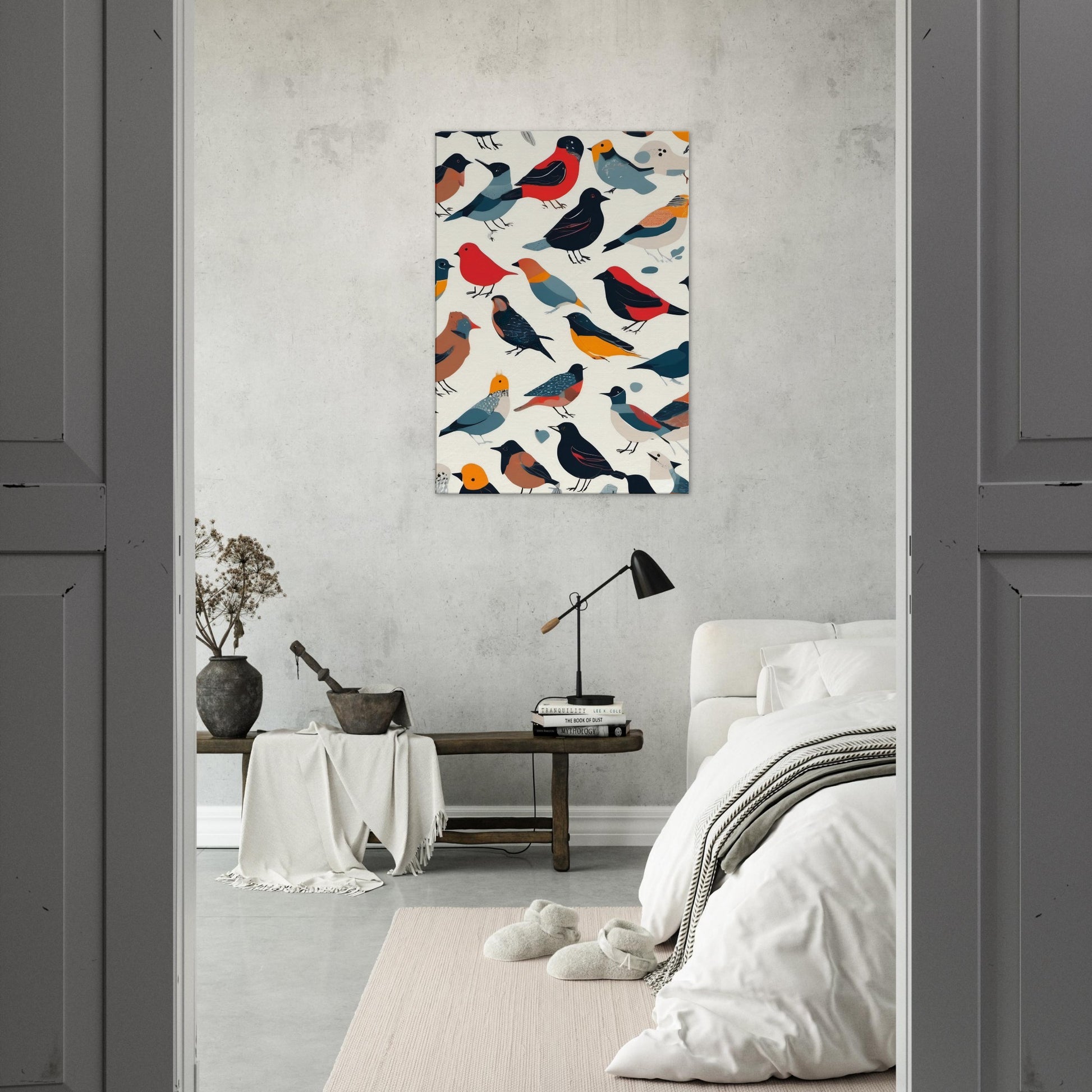 tableau d'oiseaux sur toile dans la chambre
