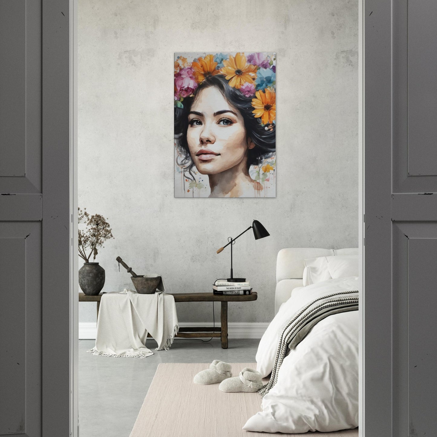 tableau femme fleurs cheveux dans la chambre
