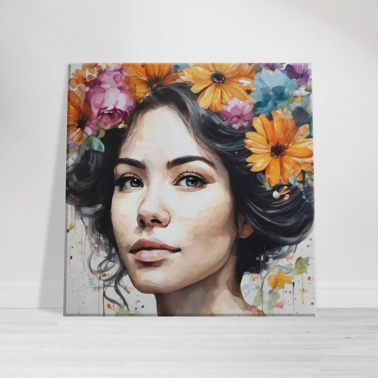 tableau avec une femme qui a des fleurs dans les cheveux
