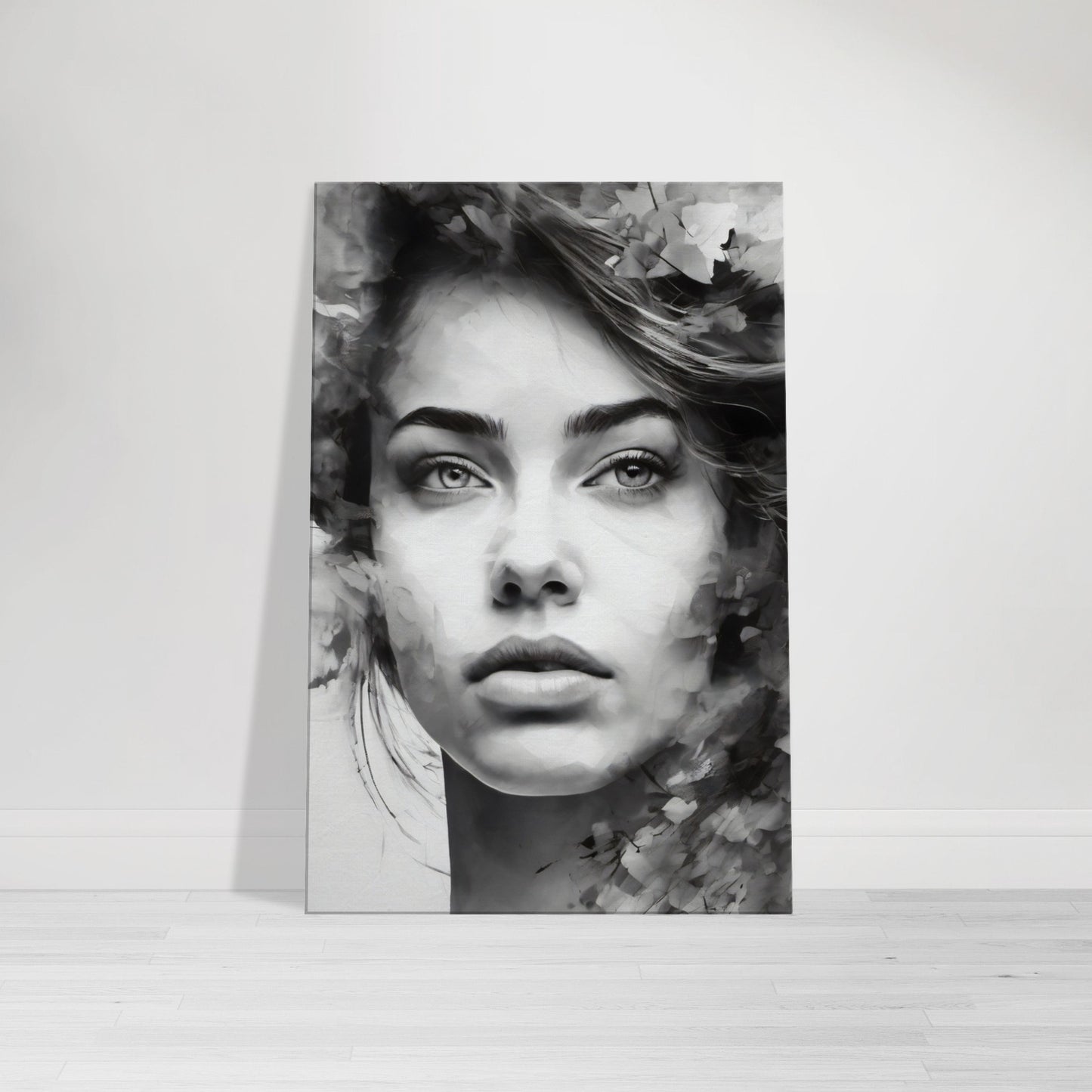 Tableau de femme pensive en noir et blanc