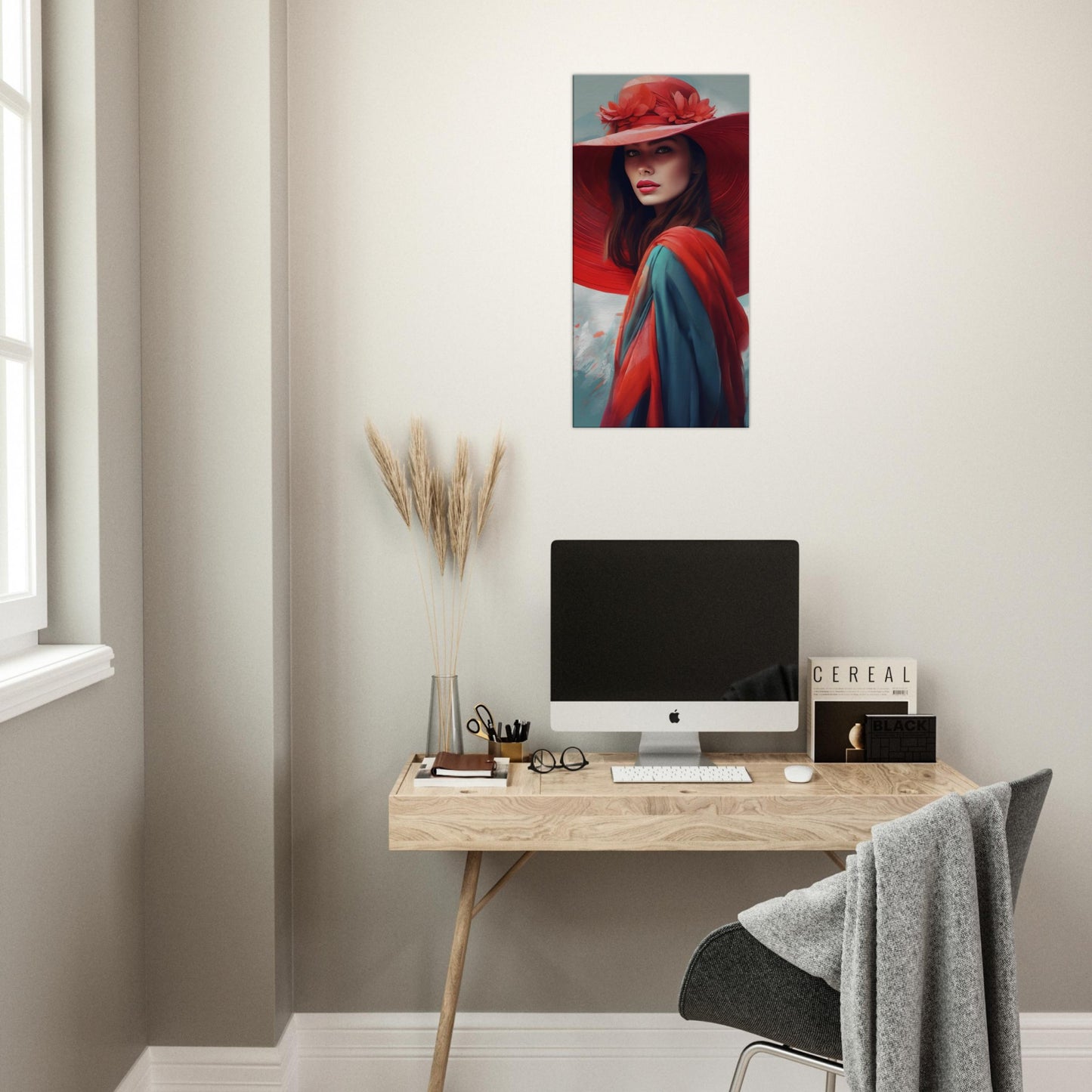 Tableau femme au chapeau rouge dans un bureau