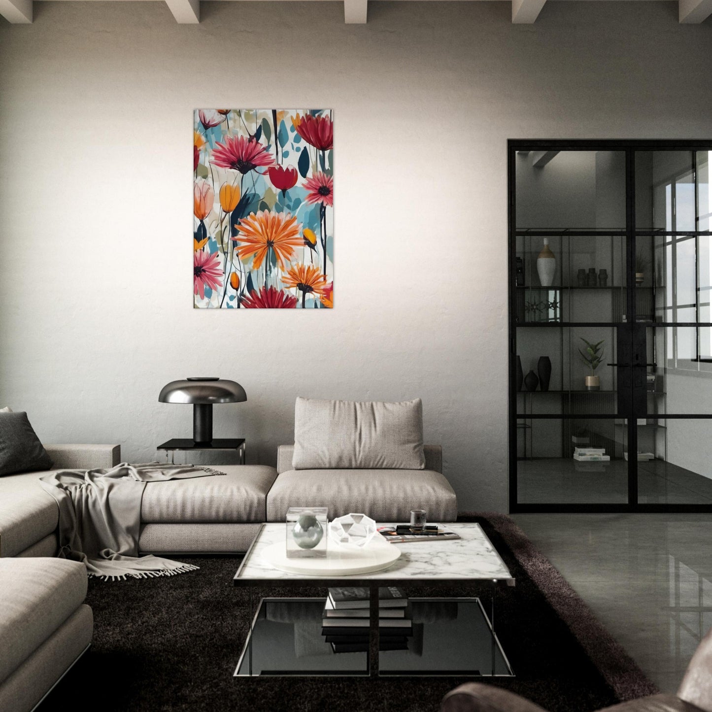 tableau de fleurs contemporain dans le salon