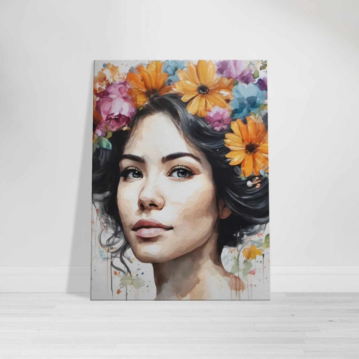 tableau d'une femme avec des fleurs dans ses cheveux