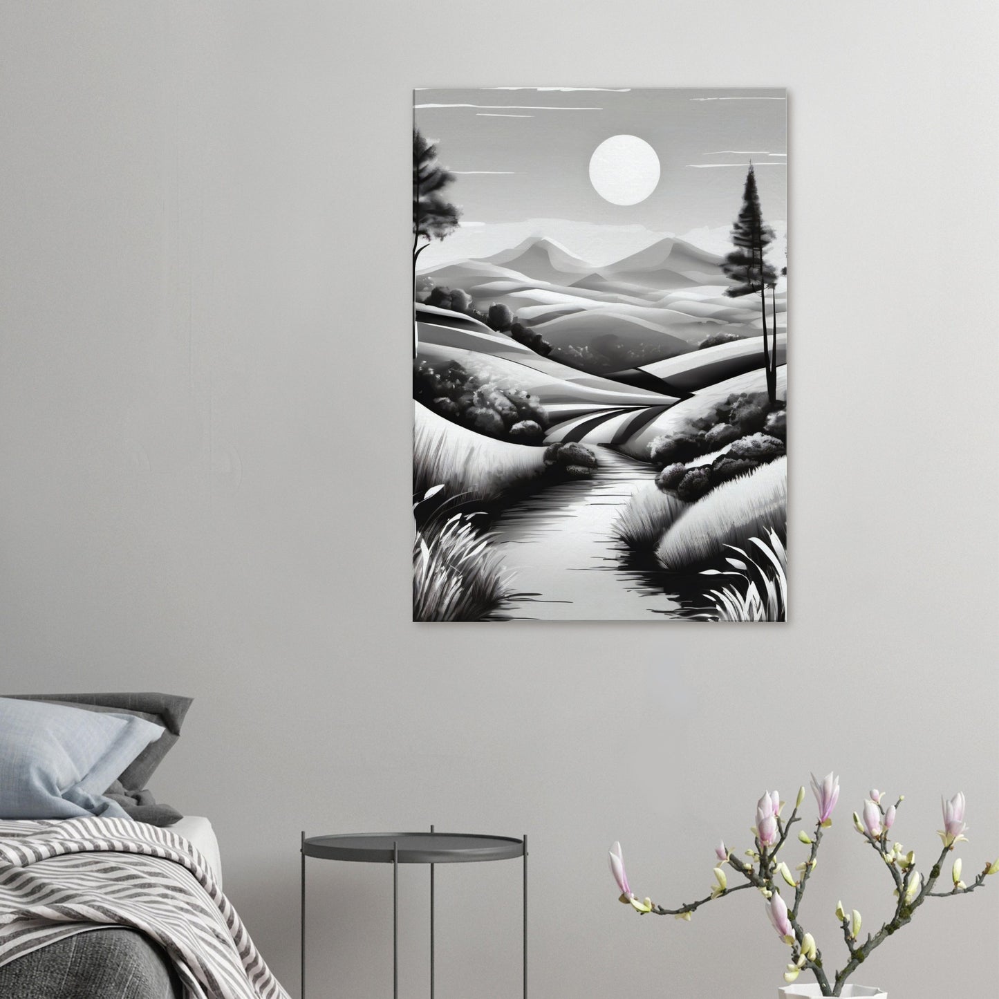 tableau de paysage en noir et blanc dans le salon