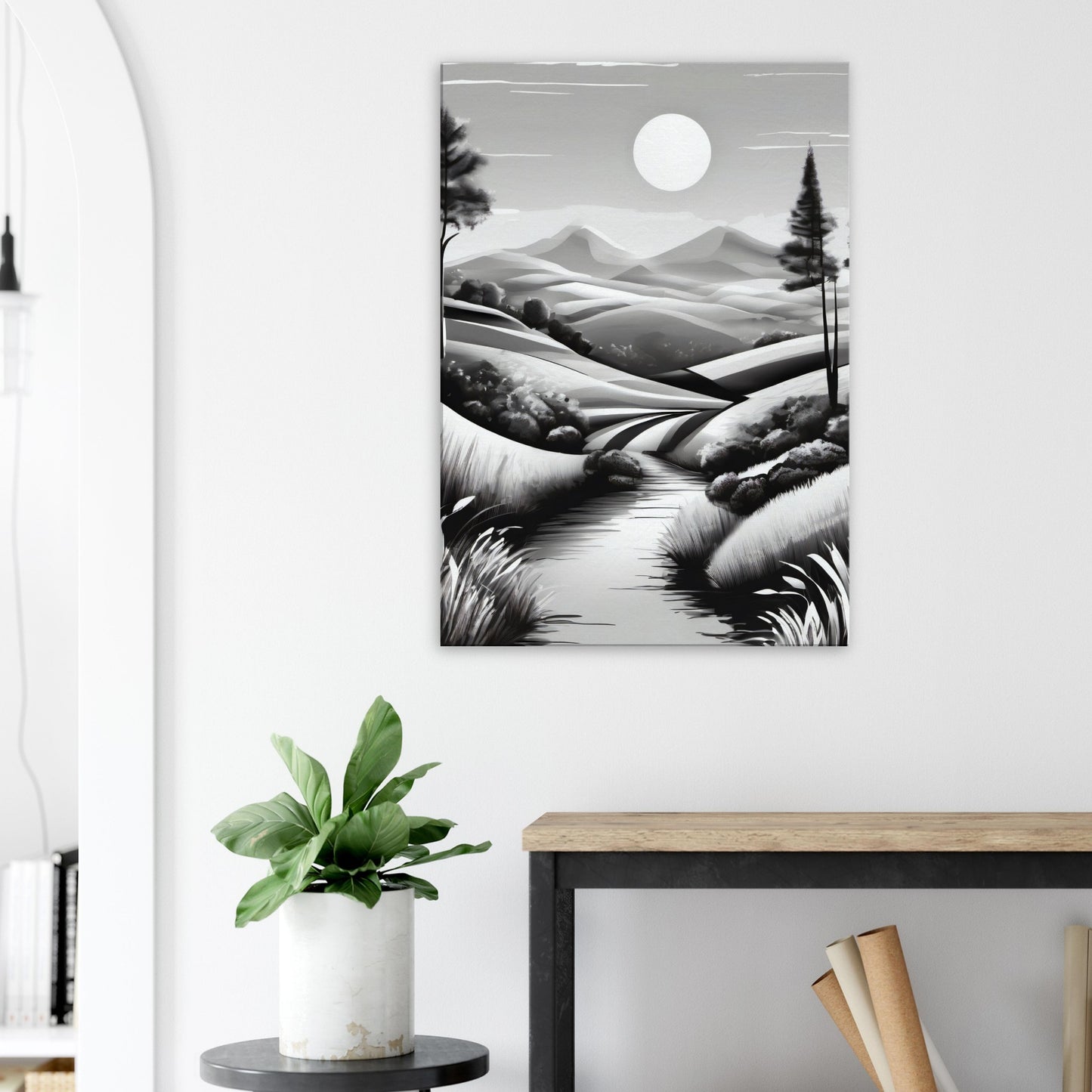 tableau de paysage en noir et blanc dans le salon