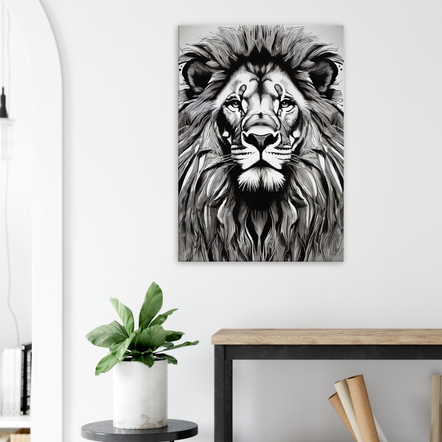 tableau lion en noir et blanc