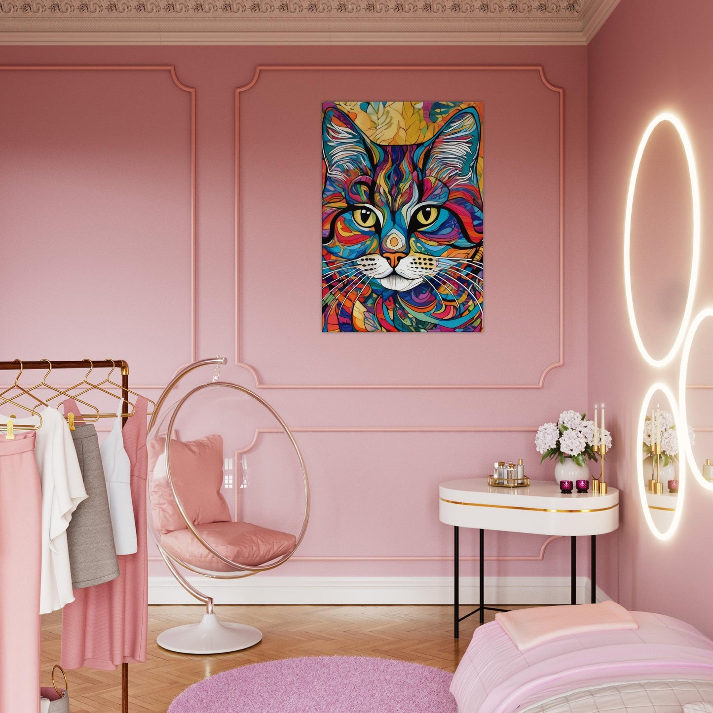 tableau decoratif de chat coloré dans une chambre rose