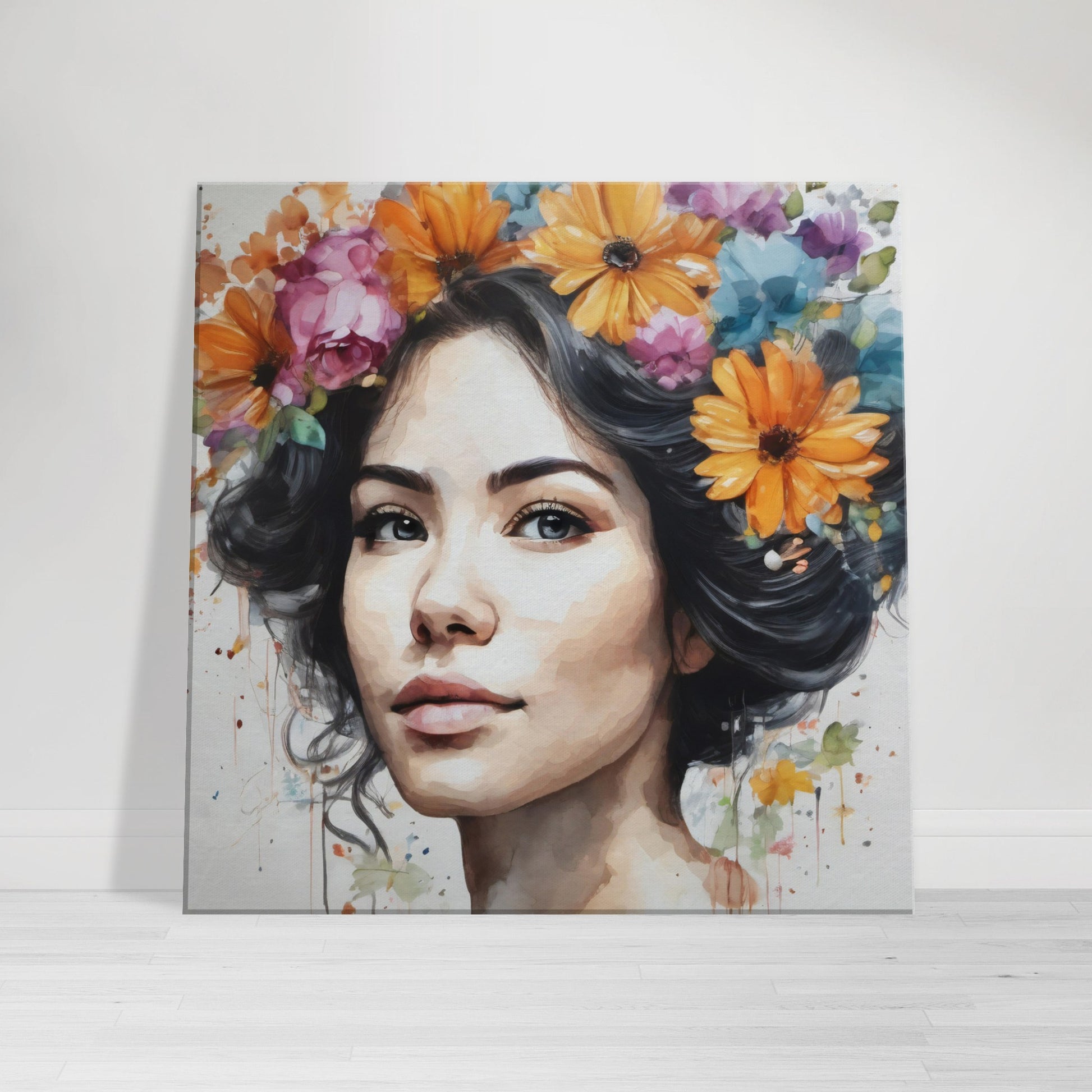 tableau femme fleurs cheveux