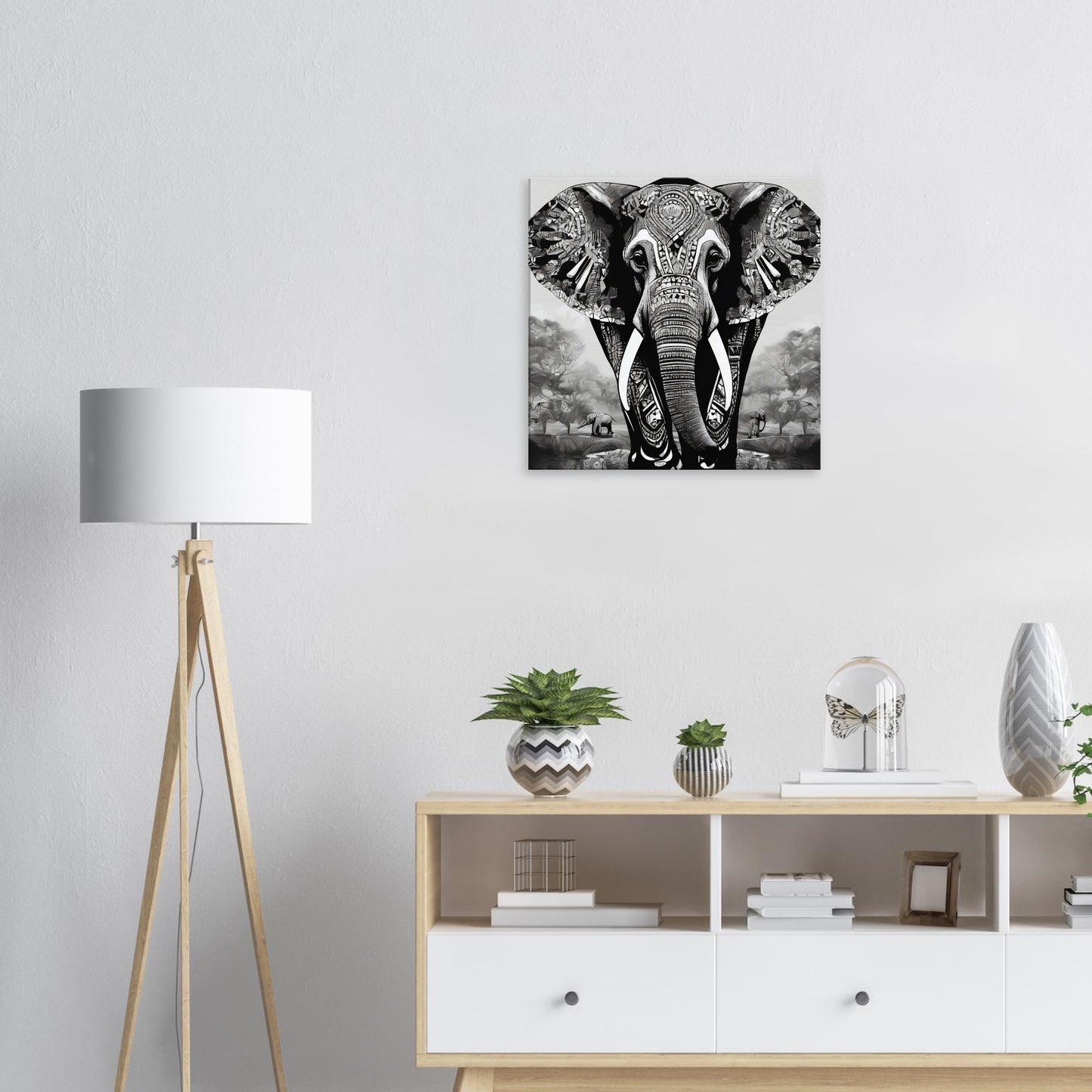 tableau elephant noir et blanc salon