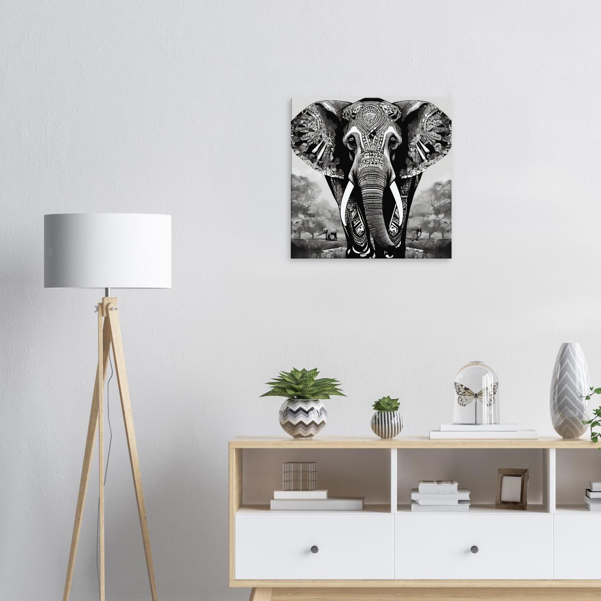 tableau elephant noir et blanc salon
