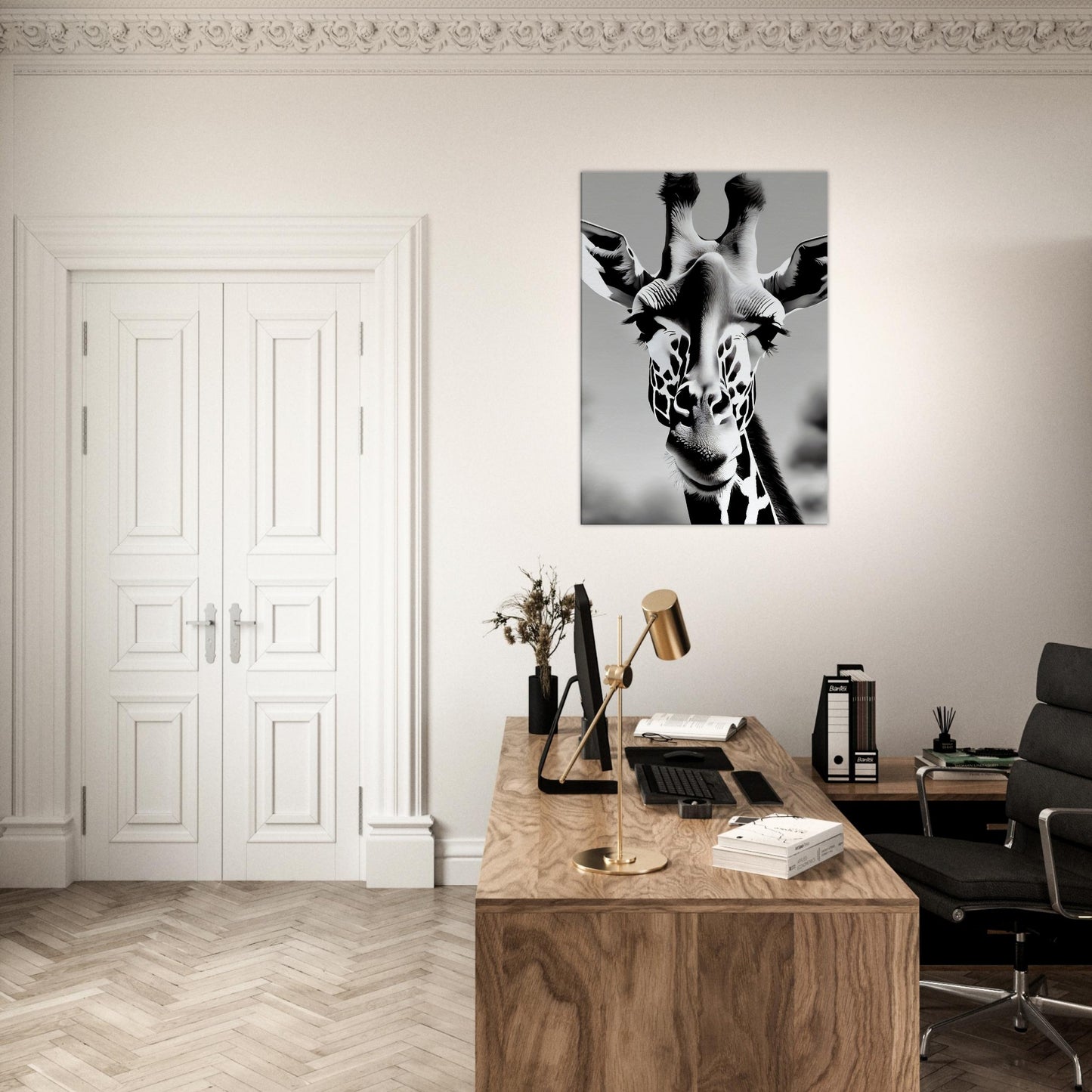 tableau de girafe en noir et blanc dans le bureau