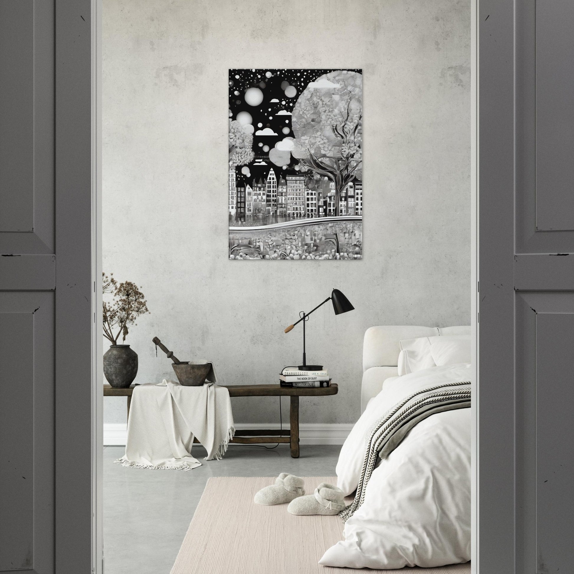 tableau design ville noir et blanc chambre