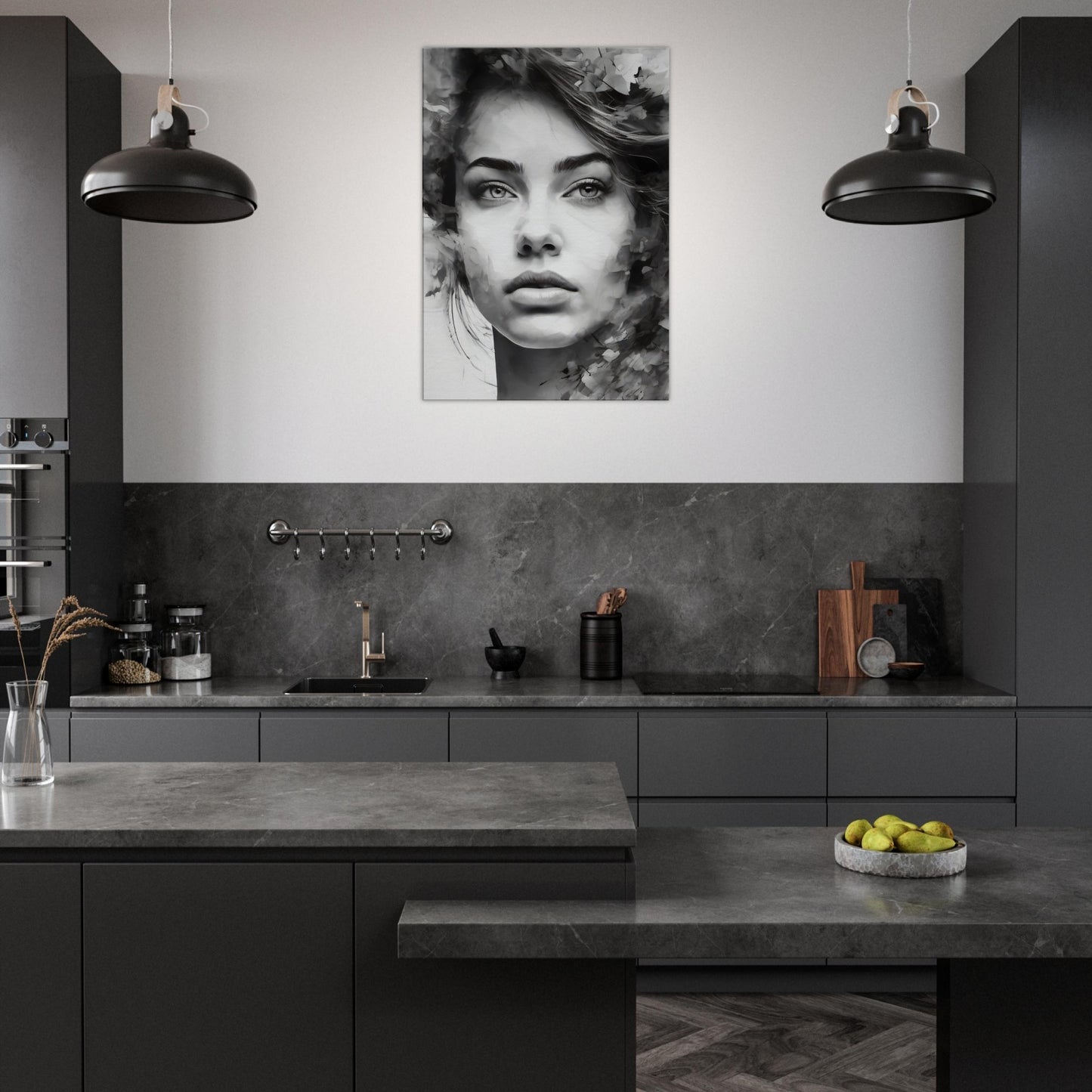 Tableau de femme pensive en noir et blanc dans la cuisine