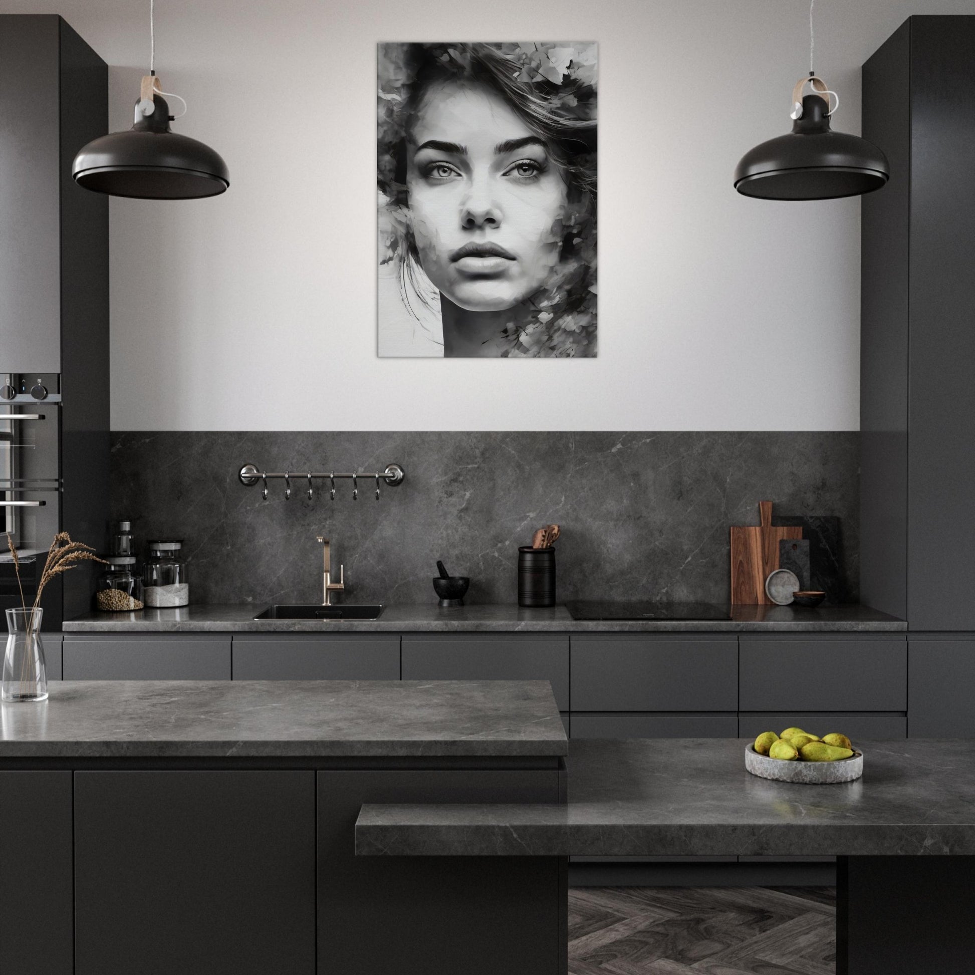 Tableau de femme pensive en noir et blanc dans la cuisine