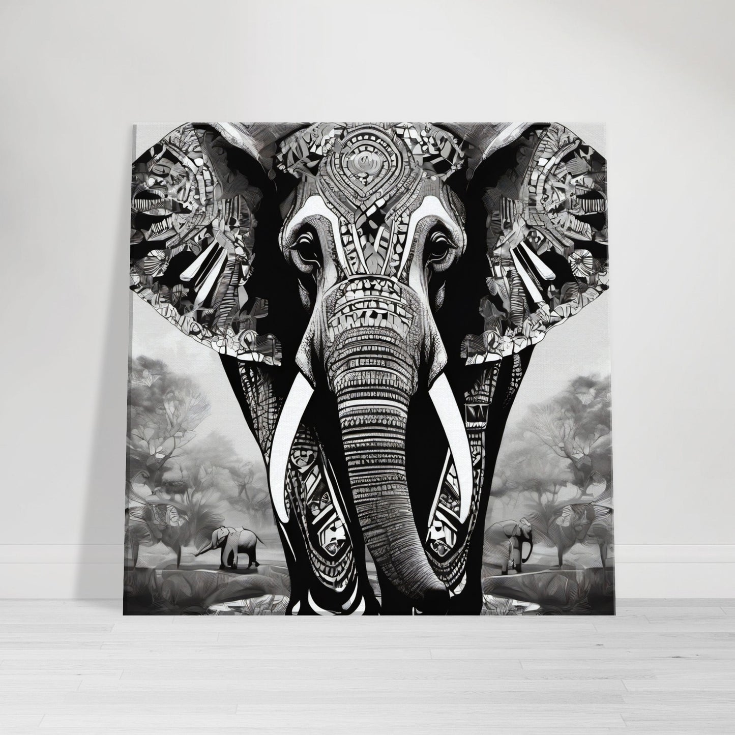 tableau elephant noir et blanc