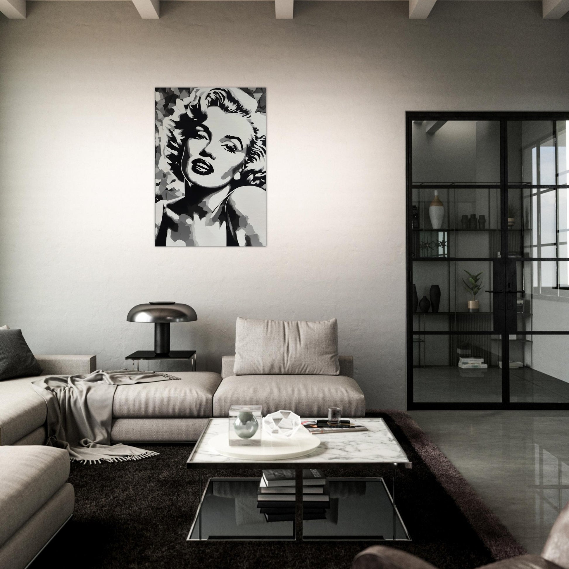 tableau de marilyn monroe en noir et blanc dans le salon