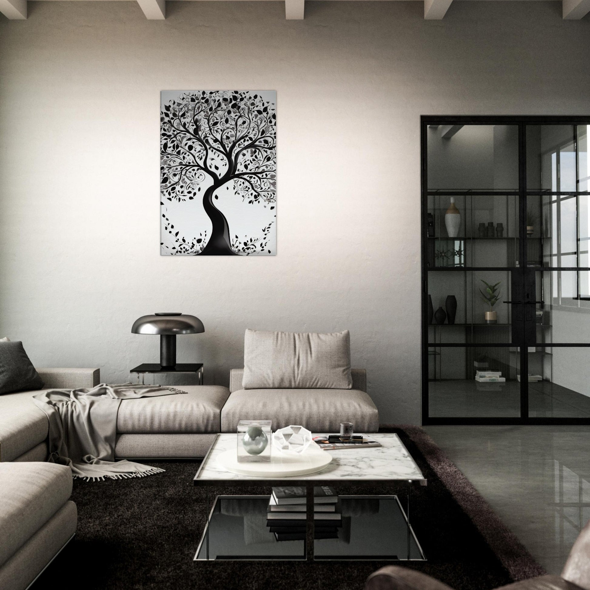 tableau arbre de vie en noir et blanc dans le salon