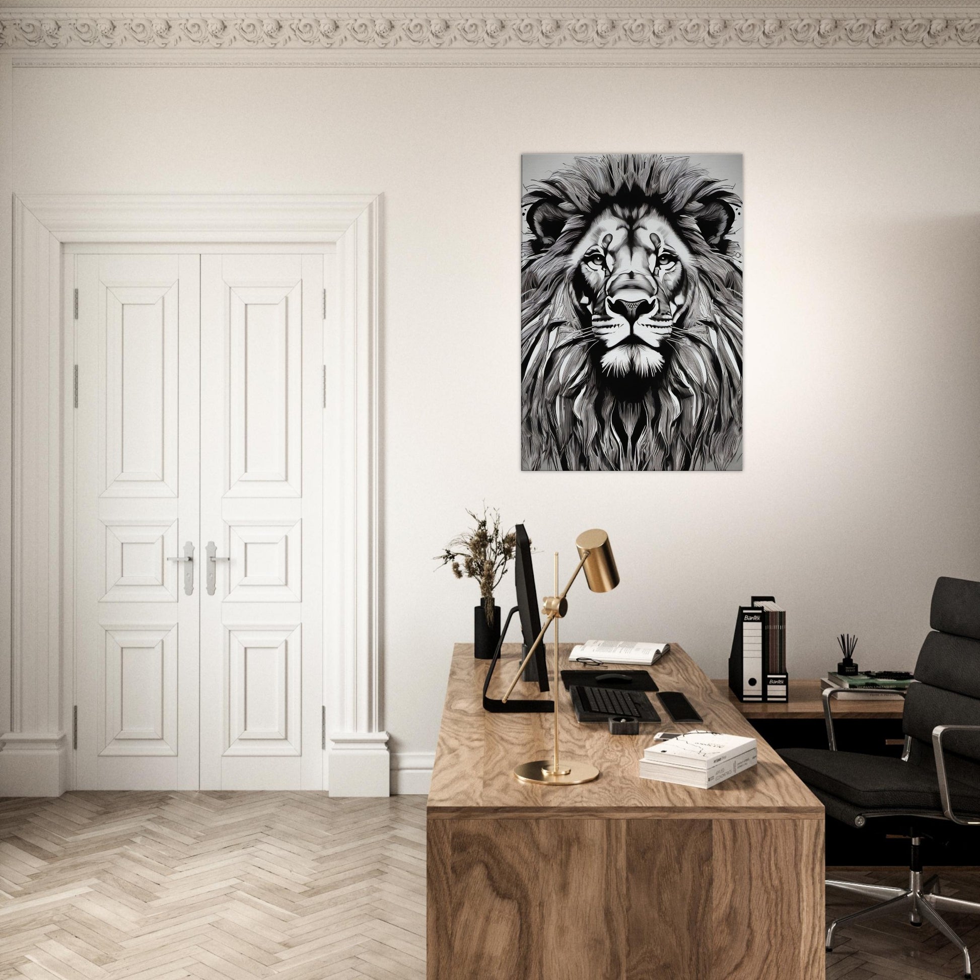 tableau lion en noir et blanc bureau