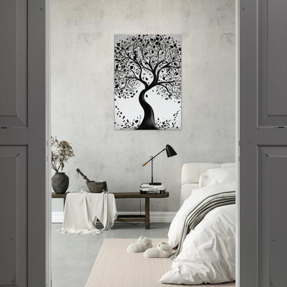 tableau arbre de vie en noir et blanc dans la chambre