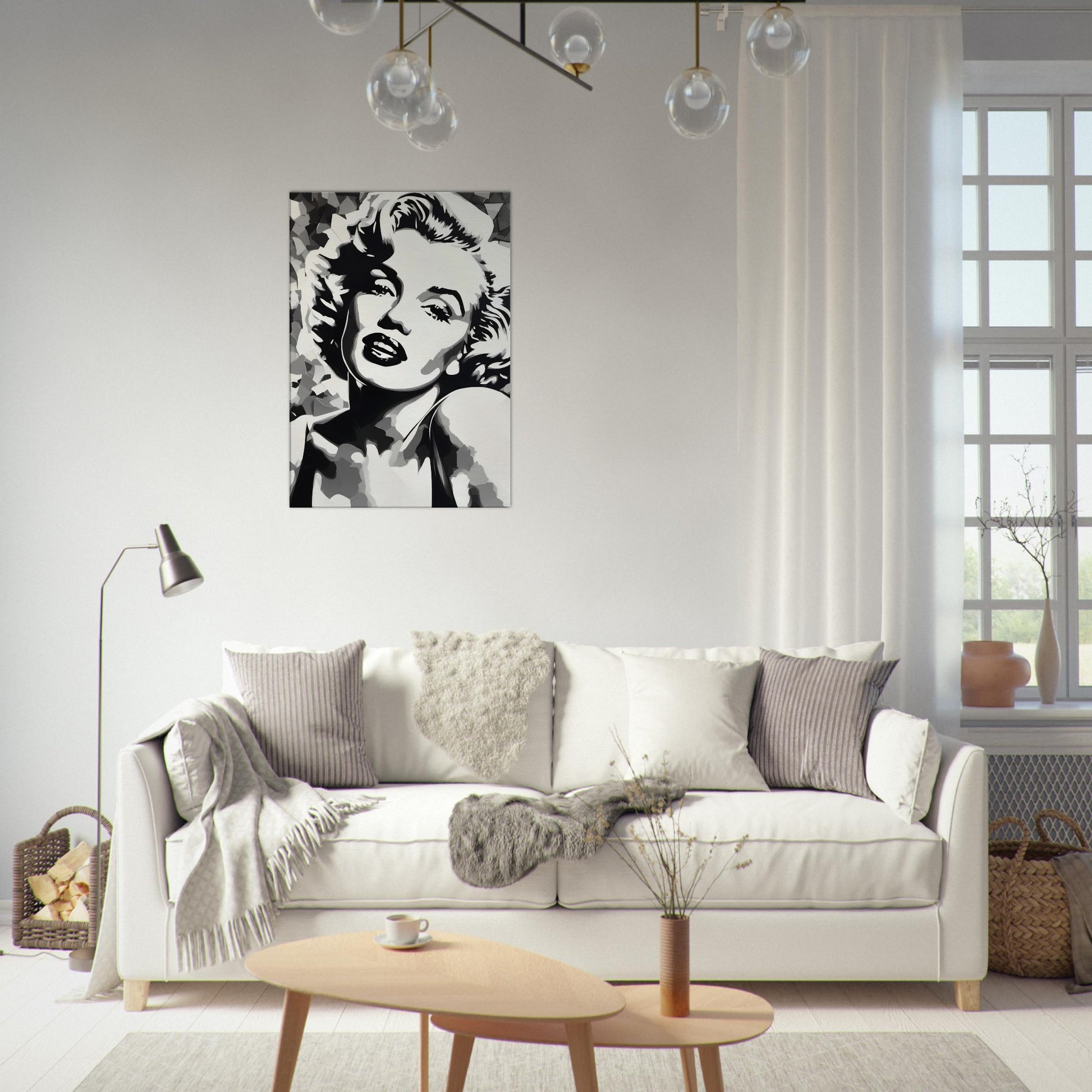 tableau de marilyn monroe en noir et blanc dans le salon