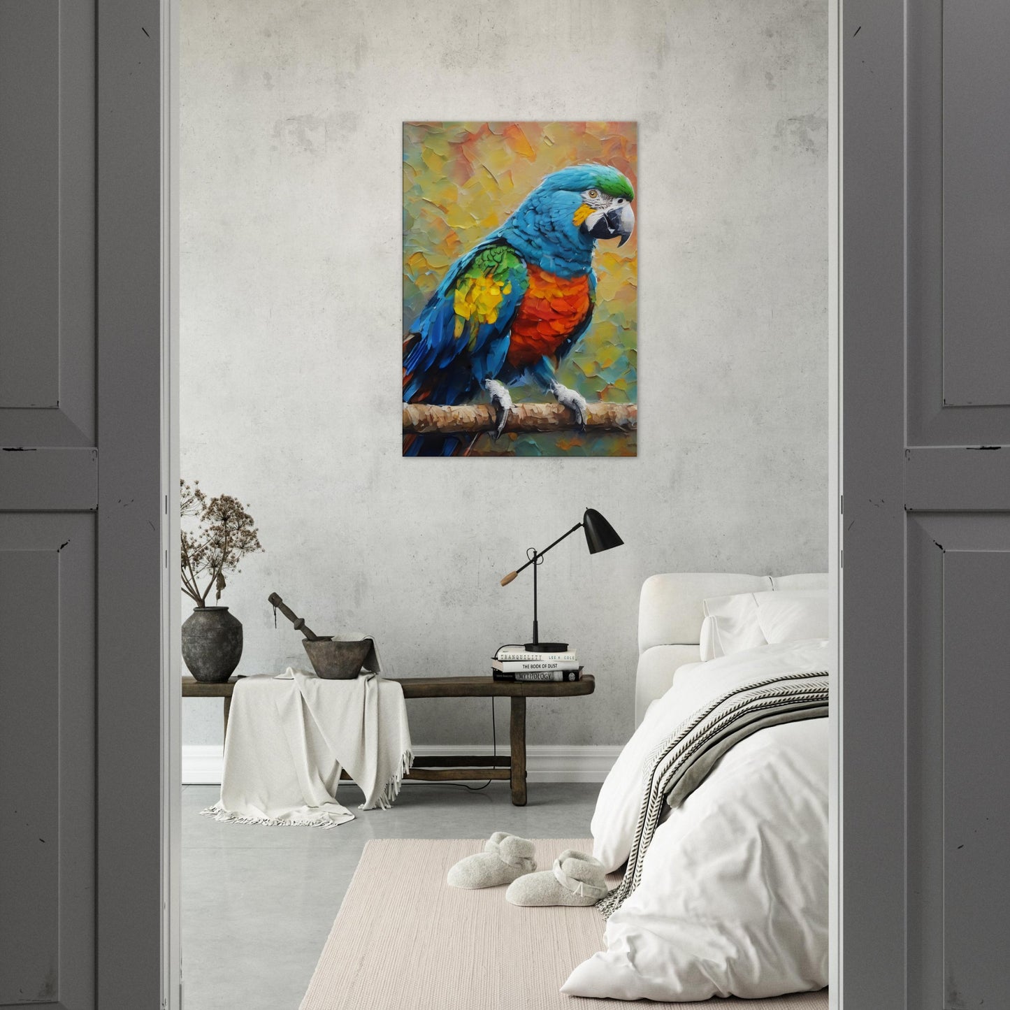 tableau d'une peinture de perroquet dans la chambre