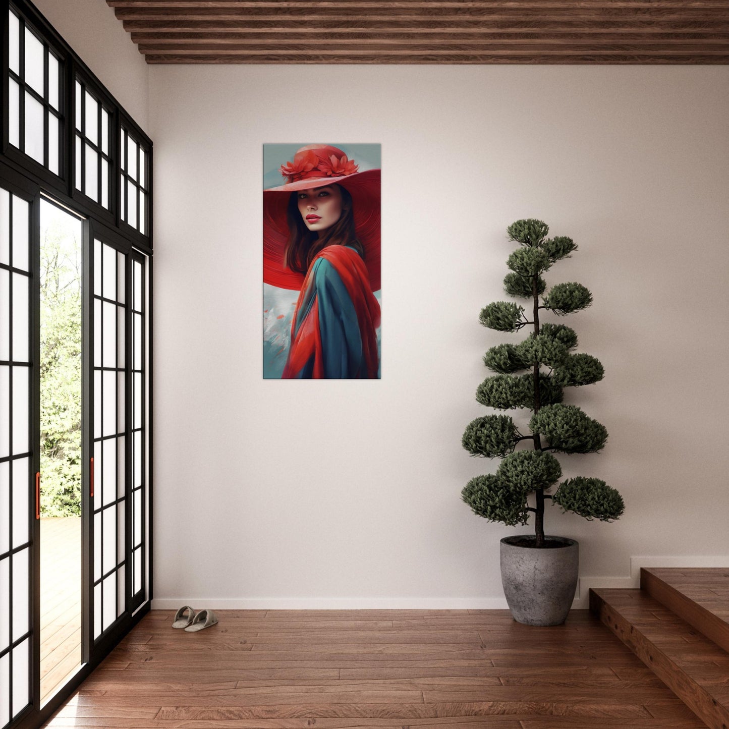 Tableau femme au chapeau rouge dans le salon