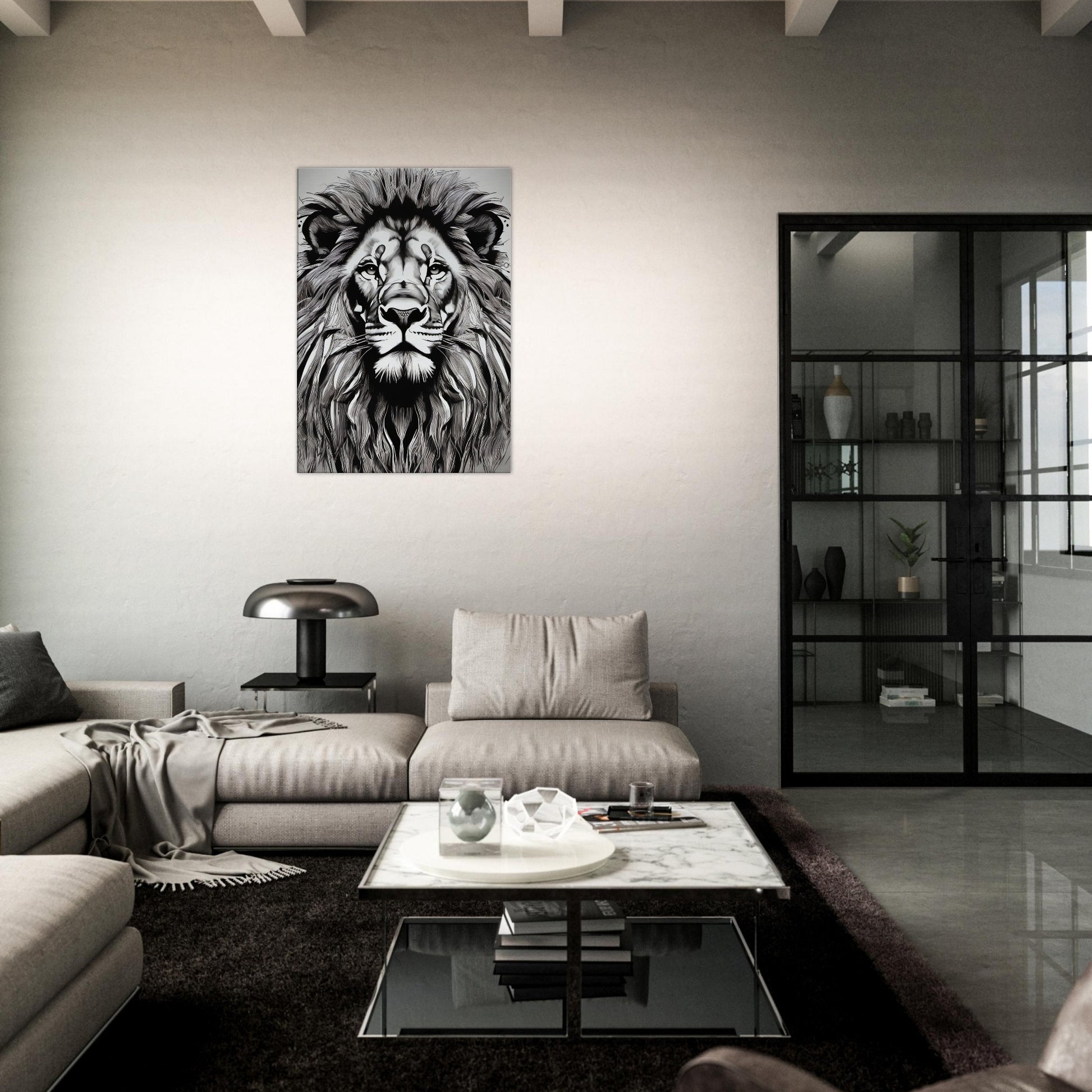 tableau lion en noir et blanc salon
