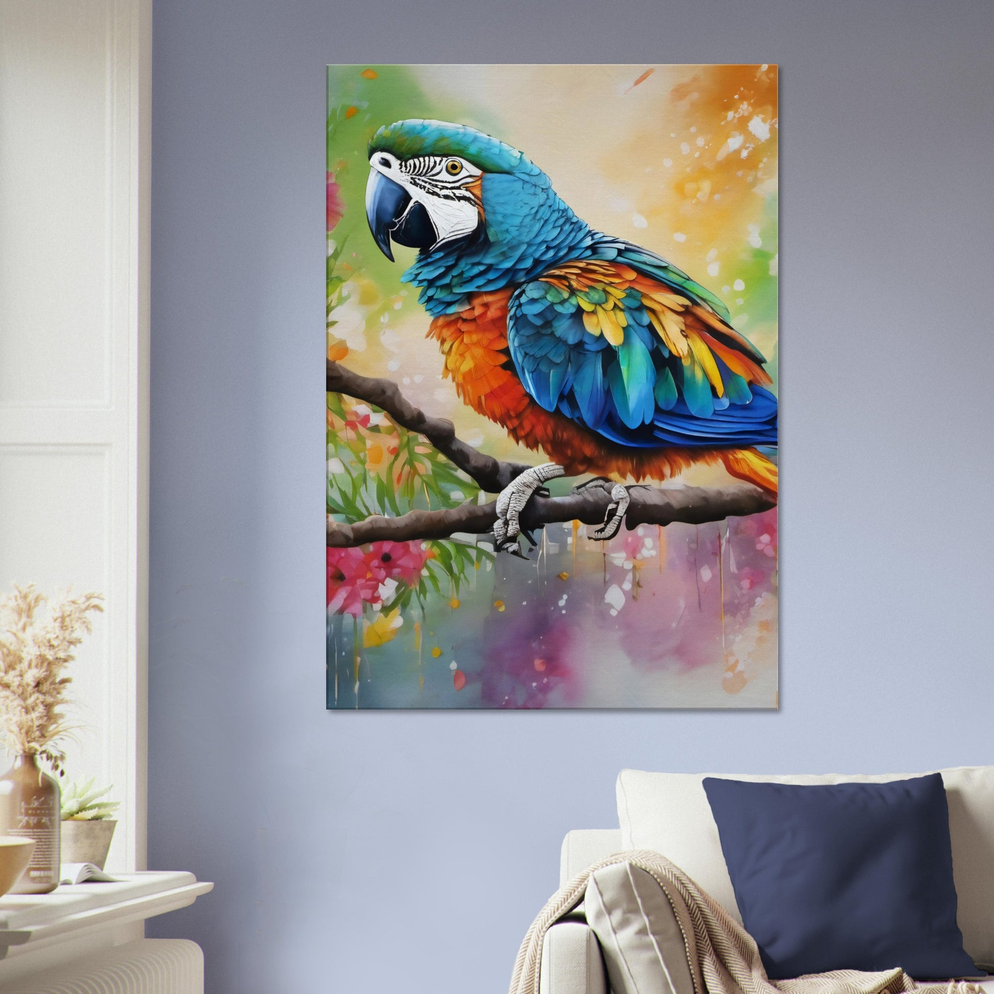 tableau perroquet coloré dans le salon
