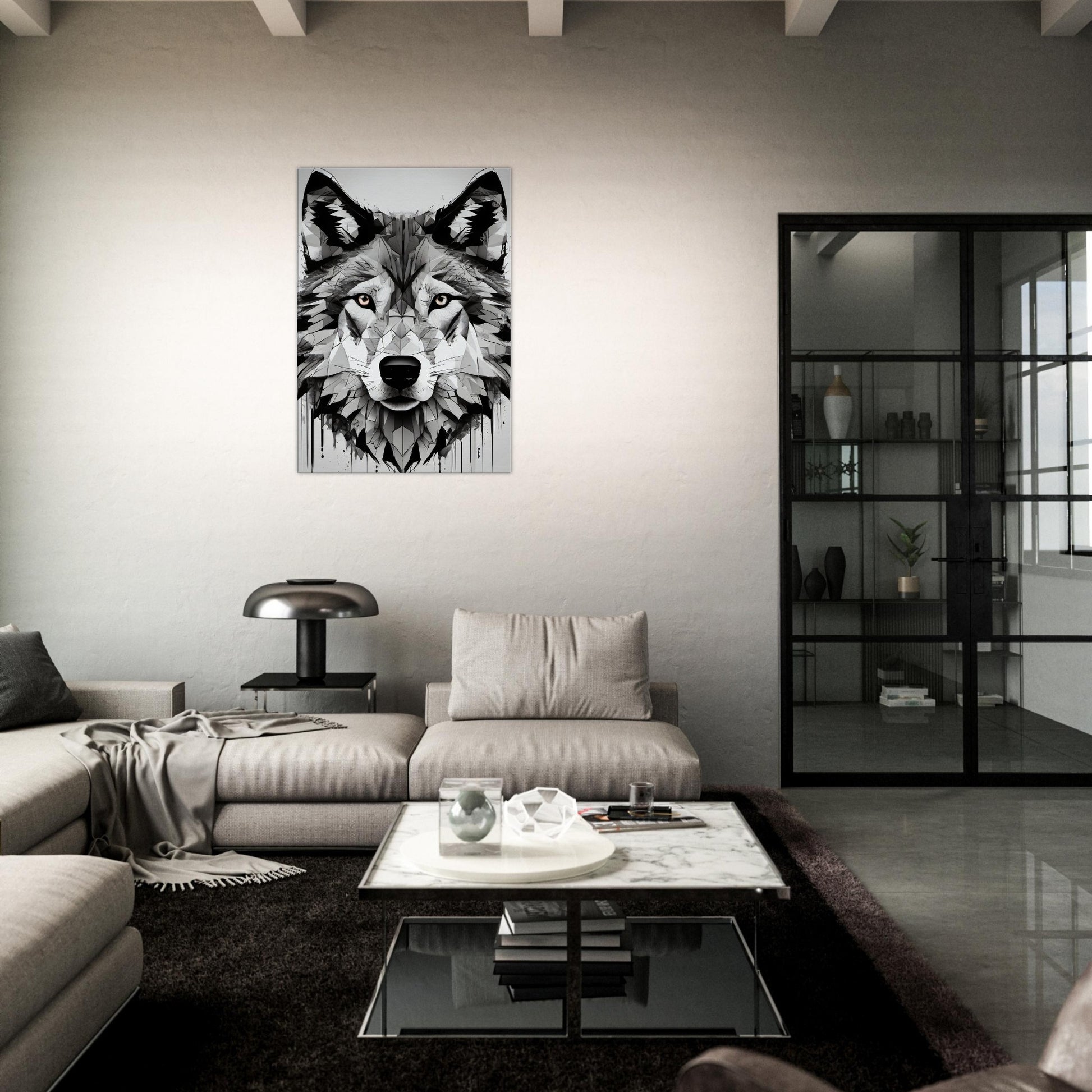 tableau de loup en noir et blanc dans le salon
