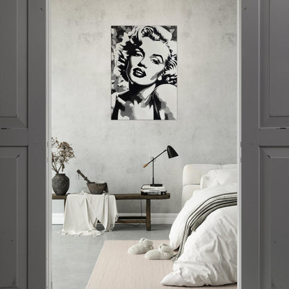 tableau de marilyn monroe en noir et blanc dans la chambre
