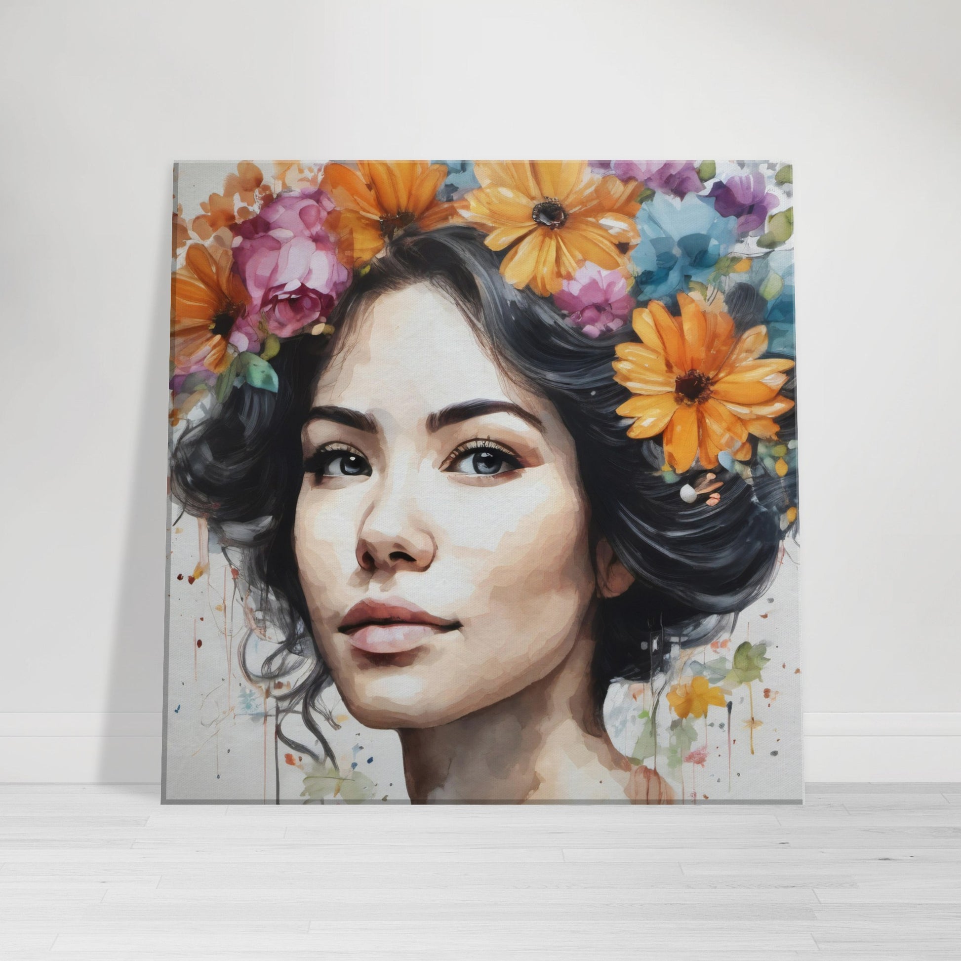 tableau d'une femme avec des fleurs dans ses cheveux