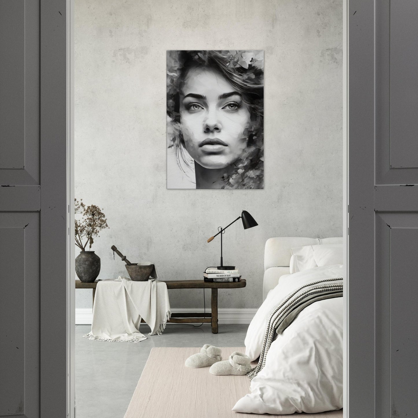 Tableau de femme pensive en noir et blanc dans une chambre pour adulte