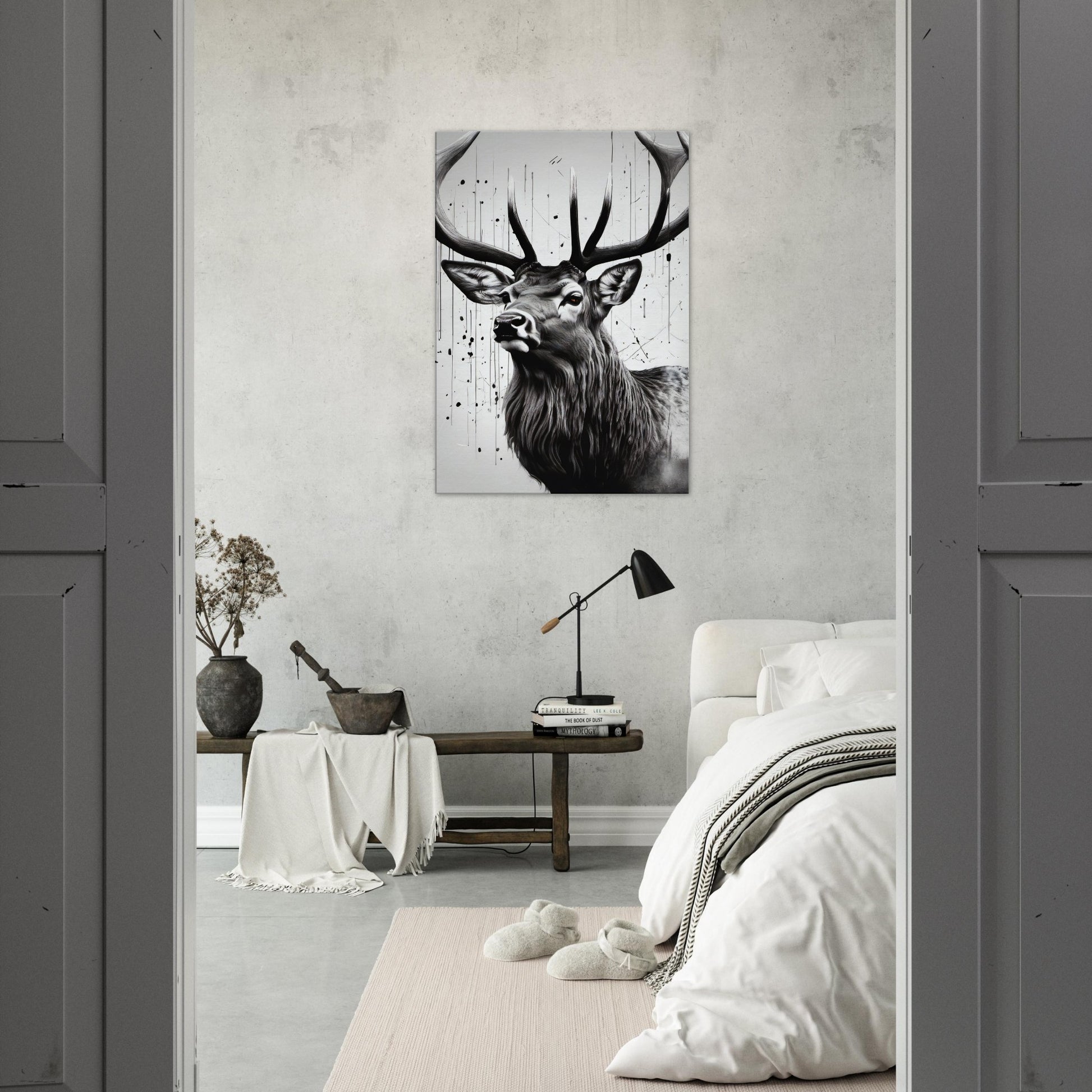 tableau cerf noir et blanc chambre