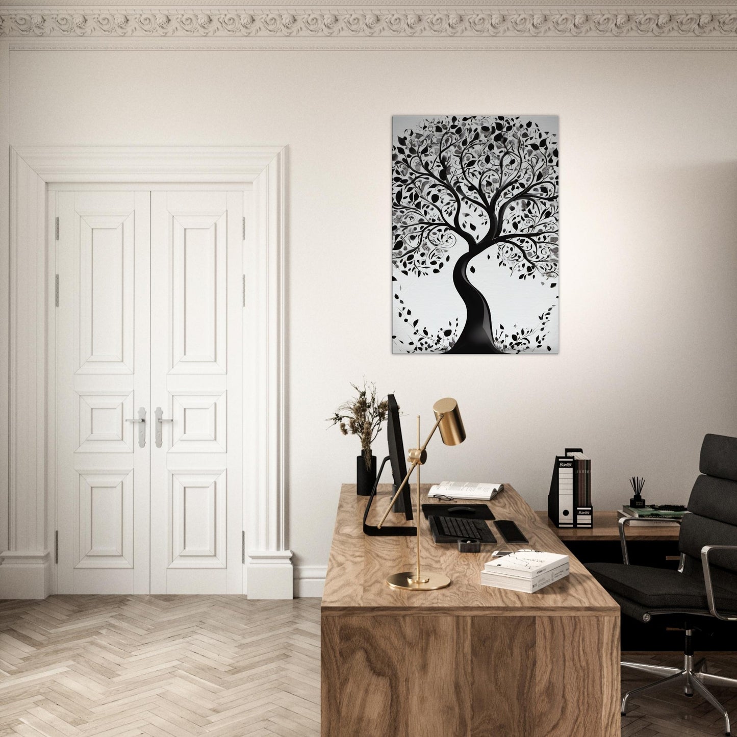 tableau arbre de vie en noir et blanc dans le bureau
