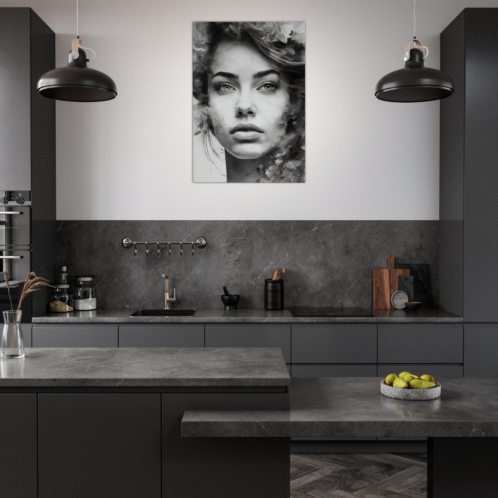 Tableau de femme pensive en noir et blanc dans la cuisine