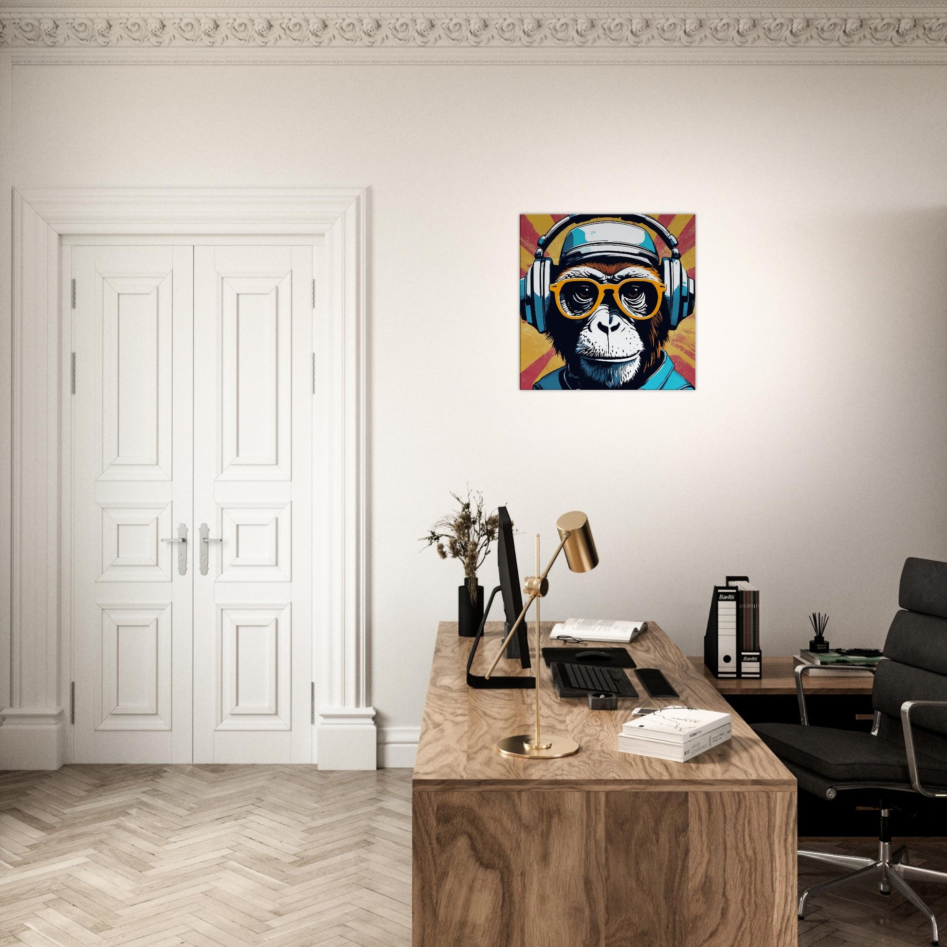 tableau singe casque de musique dans un bureau