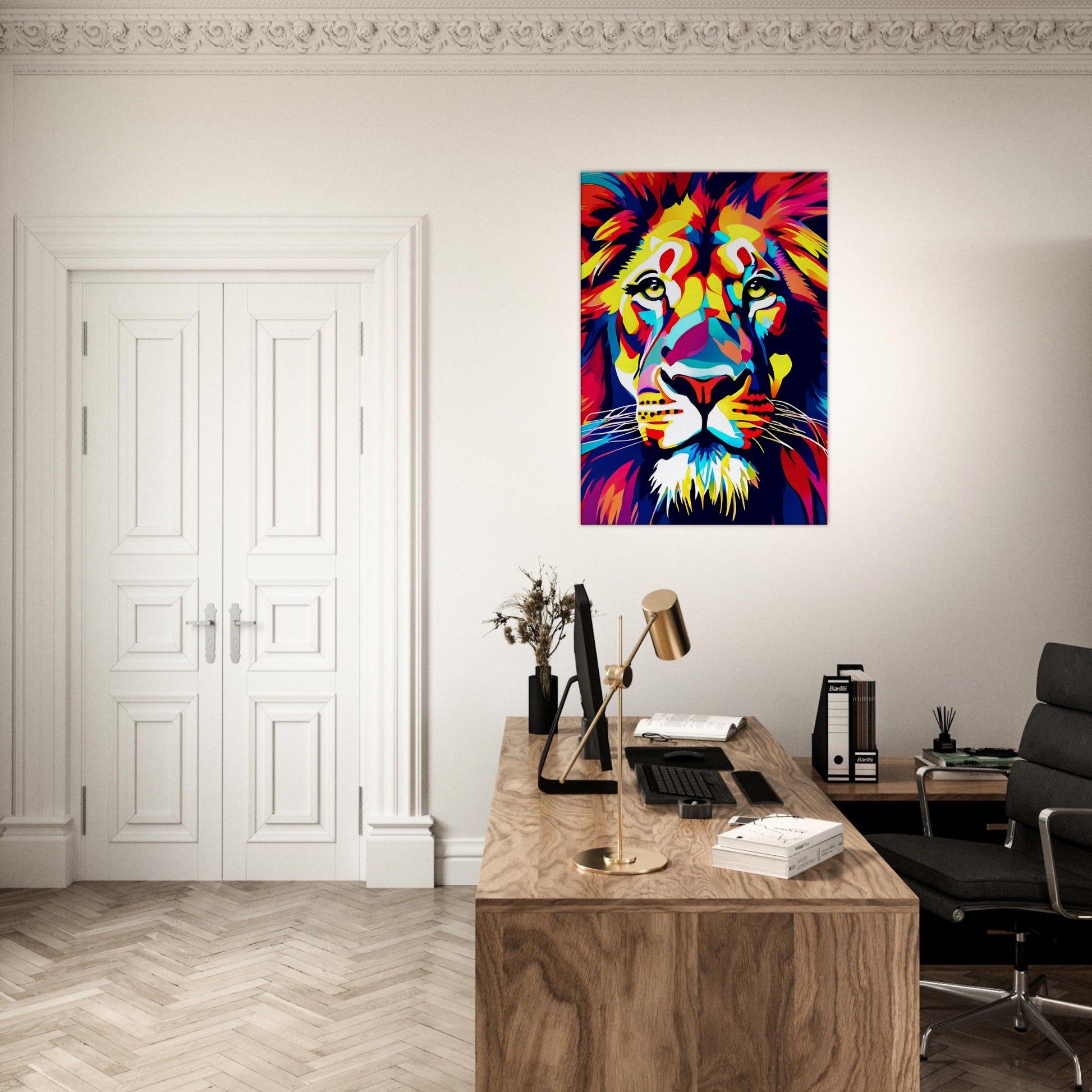 tableau lion pop art dans le bureau
