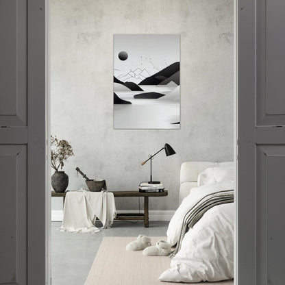 Tableau minimaliste de montagnes en noir et blanc dans la chambre