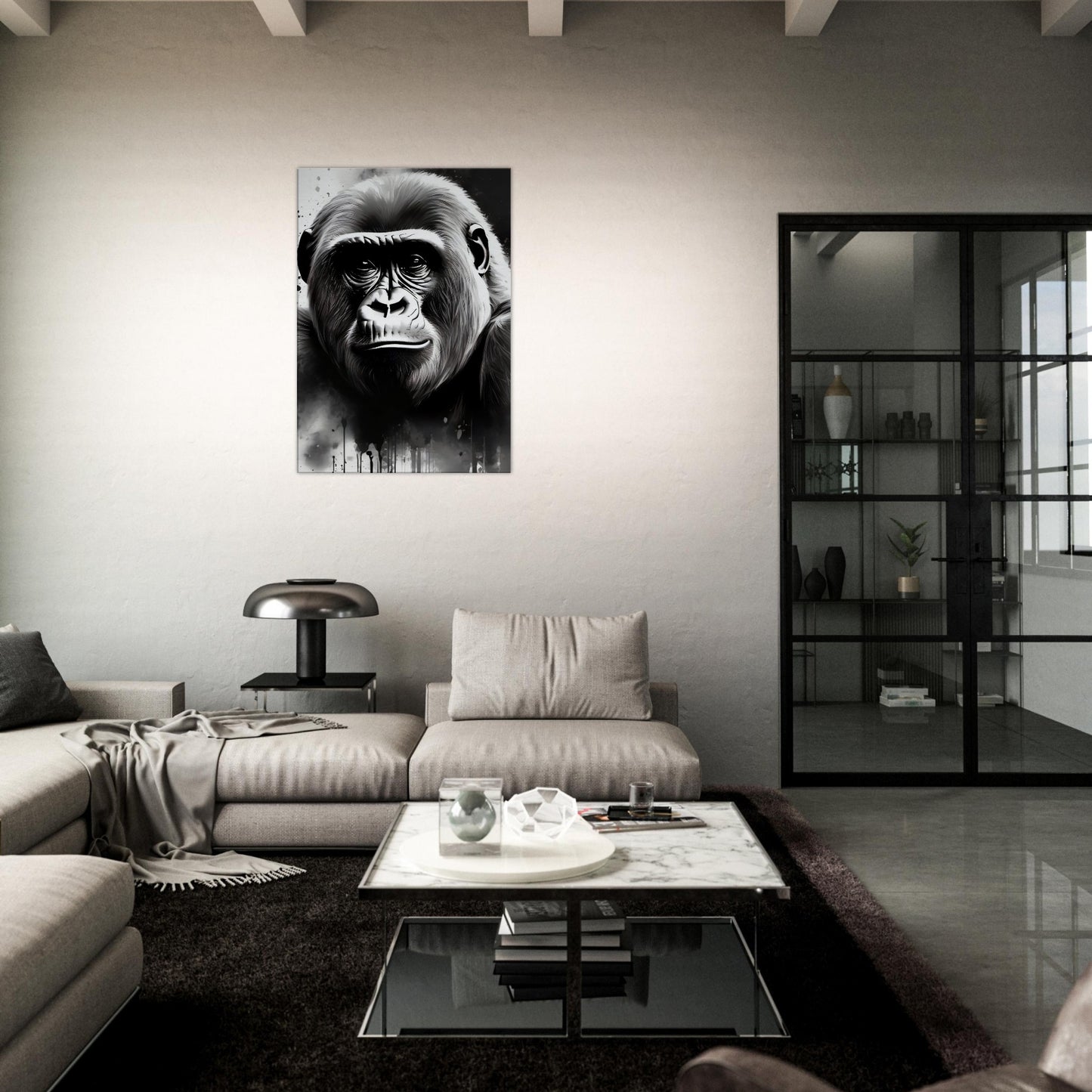 tableau de gorille en noir et blanc dans le salon